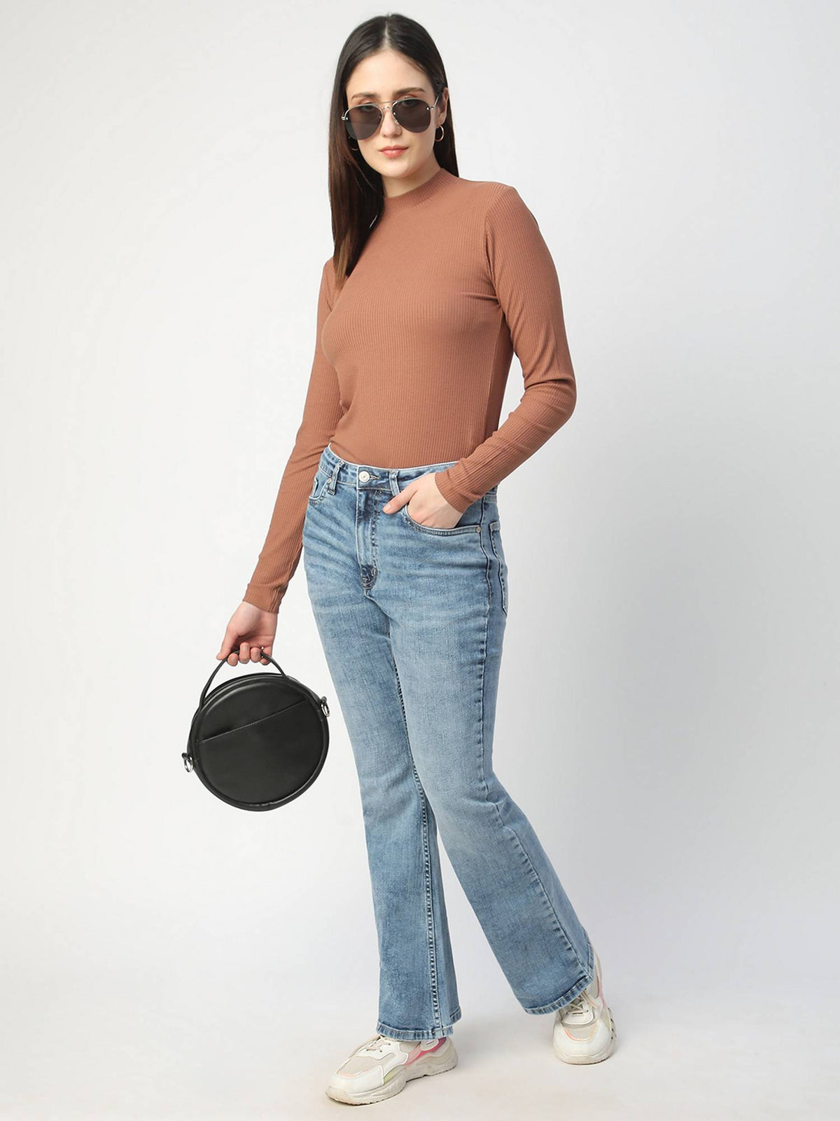 Women Blue Cotton Solid Boot Cut Leg High Waist Jeans | BT10 - view 2