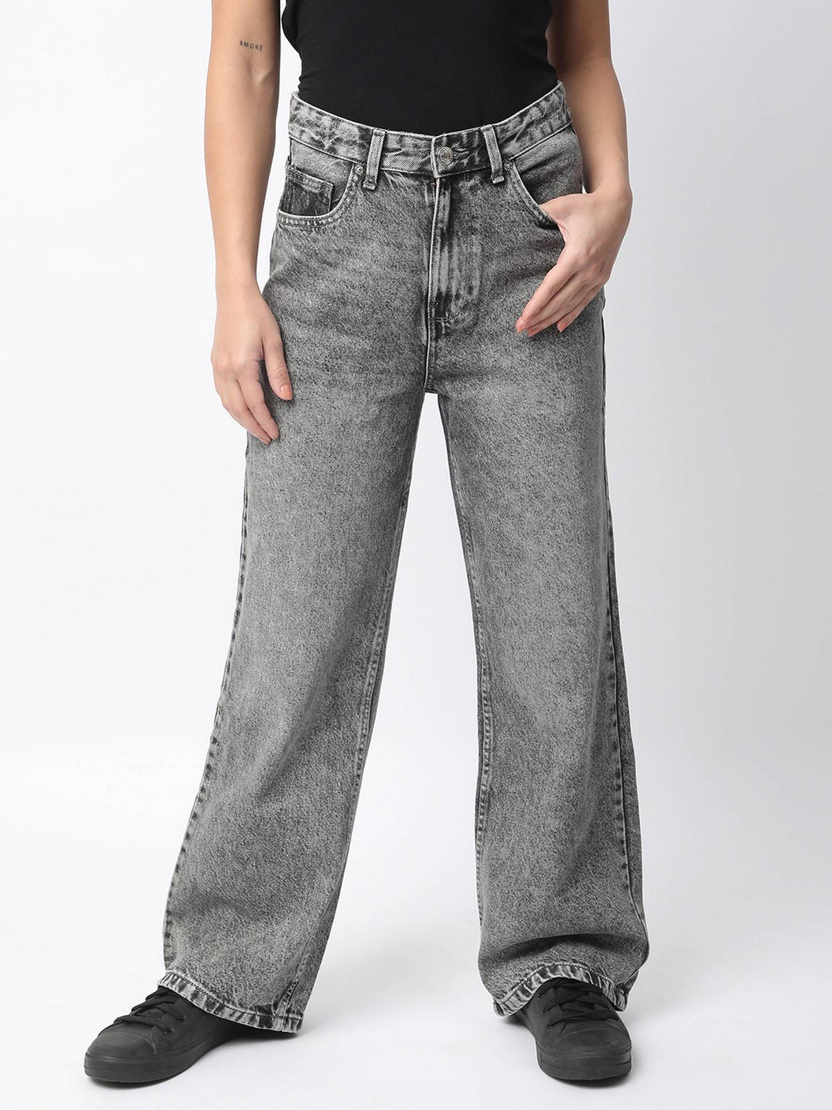 Women Blue Cotton Wide Leg Mid Waist Jeans | RF89 - view 8