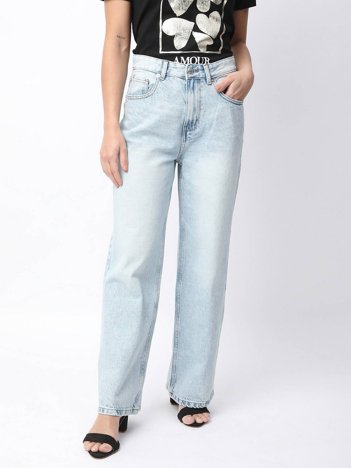 Women Blue Cotton Wide Leg Mid Waist Jeans | RF89 - view 1