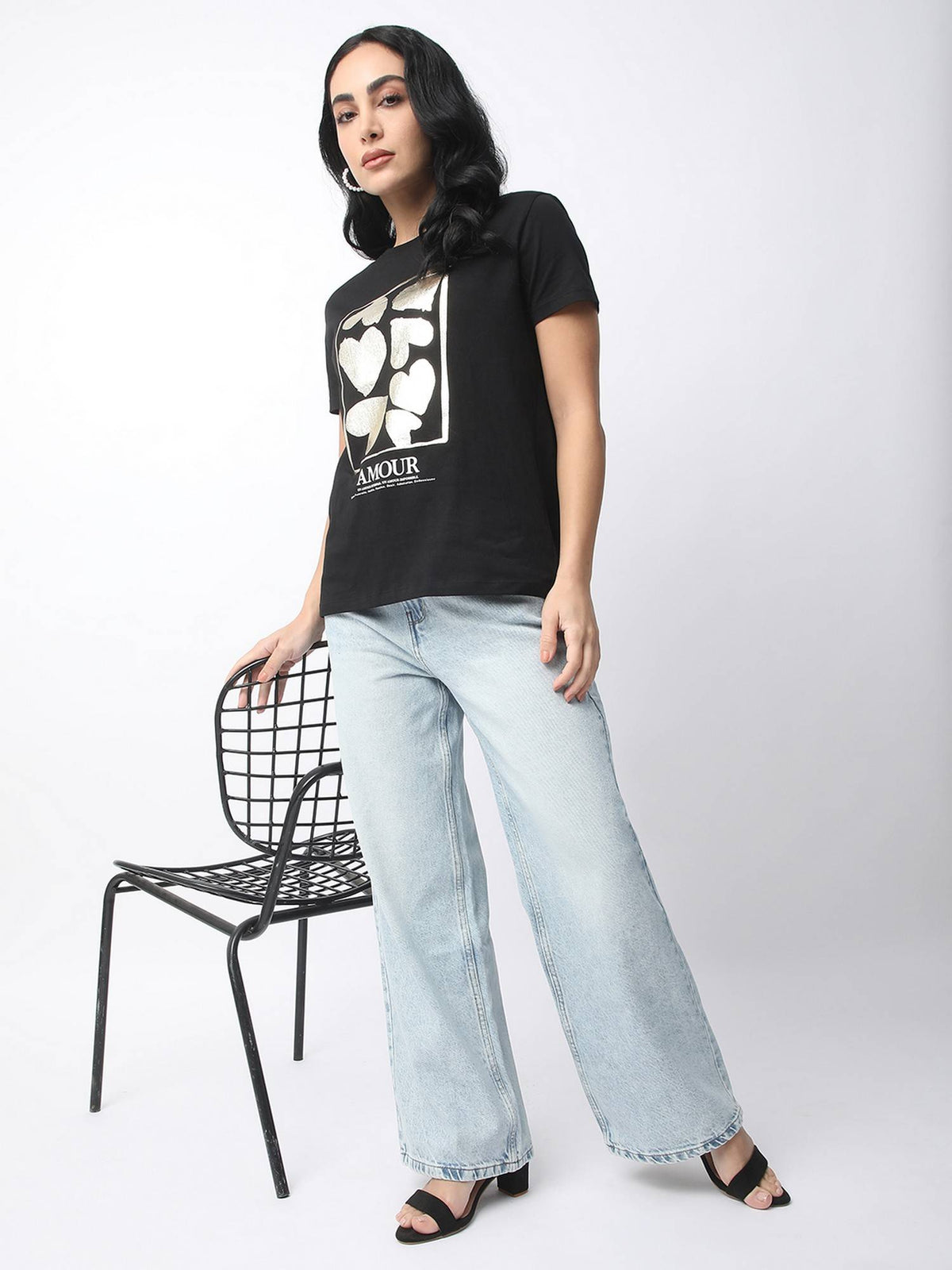 Women Blue Cotton Wide Leg Mid Waist Jeans | RF89 - view 2