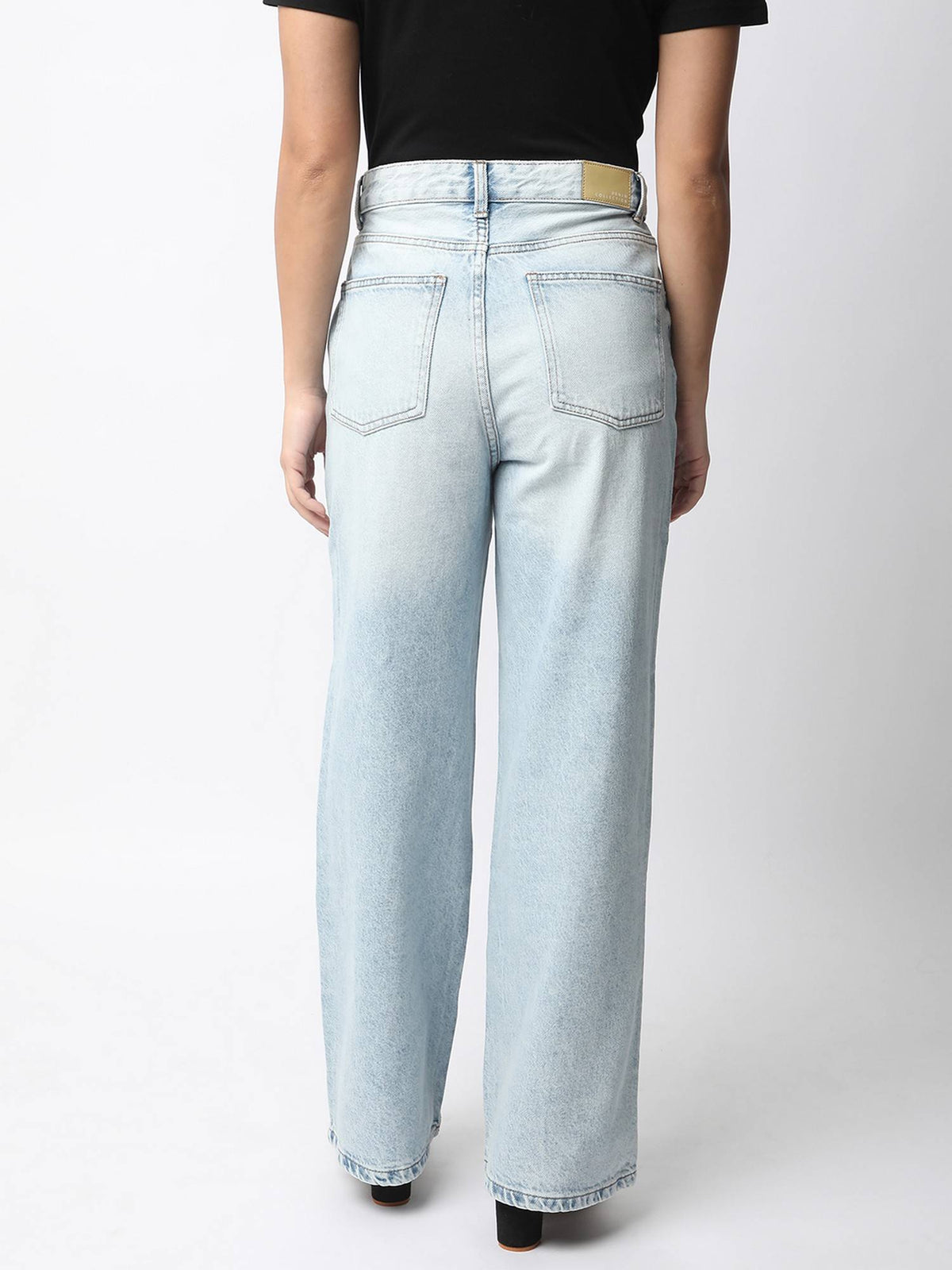 Women Blue Cotton Wide Leg Mid Waist Jeans | RF89 - view 3