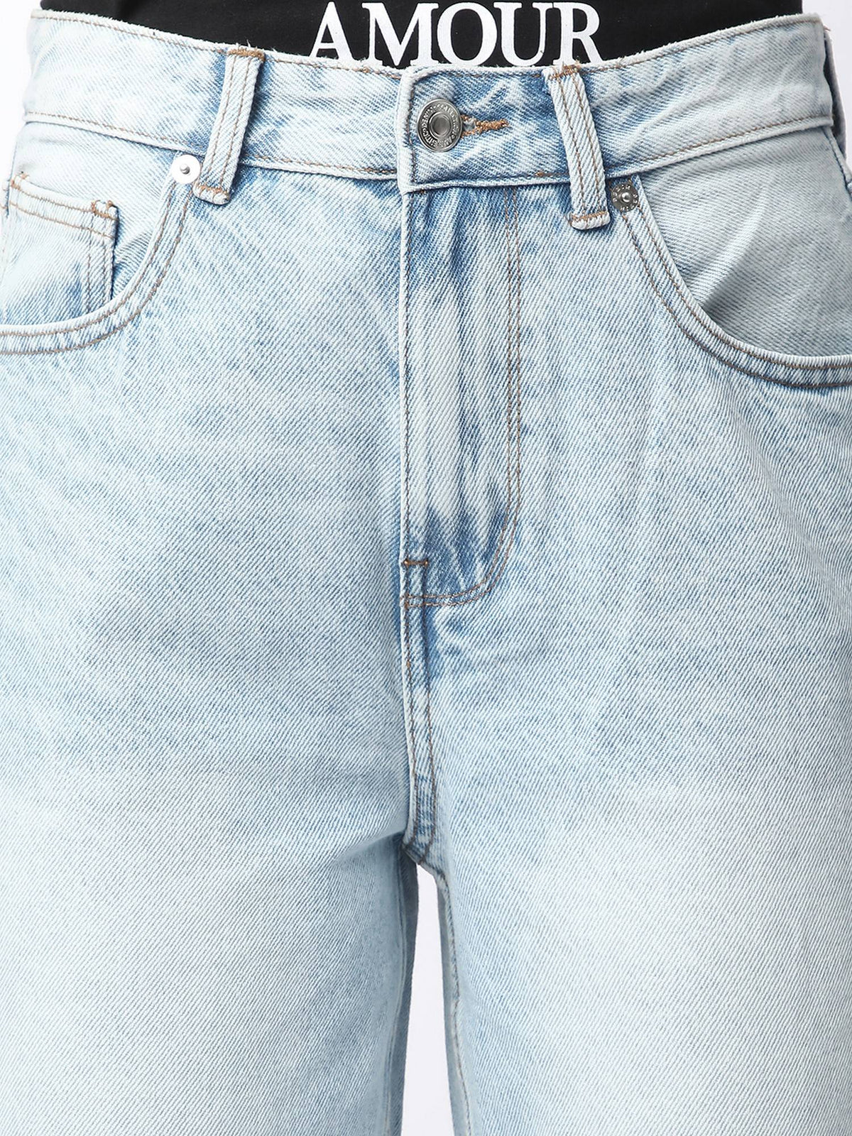 Women Blue Cotton Wide Leg Mid Waist Jeans | RF89 - view 4