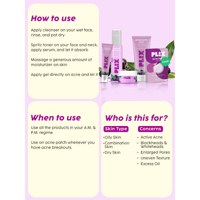 Jamun Active Acne Kit (Toner, Serum, Facewash, Moisturizer, Gel & FREE Acne Patch) | PL1 - view 7