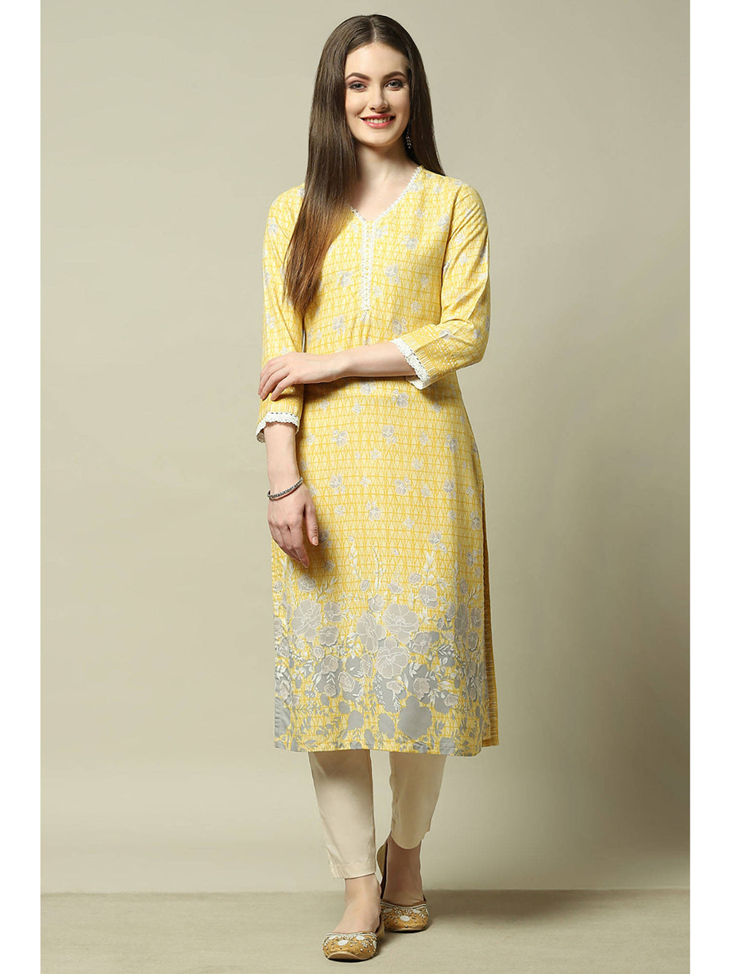 Yellow Rayon Floral Straight Kurta | U3S - view 2