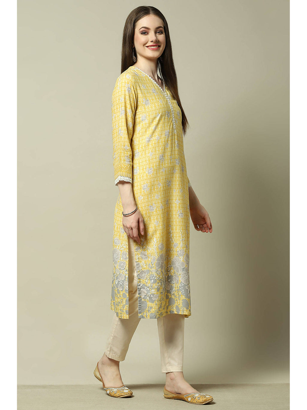 Yellow Rayon Floral Straight Kurta | U3S - view 3
