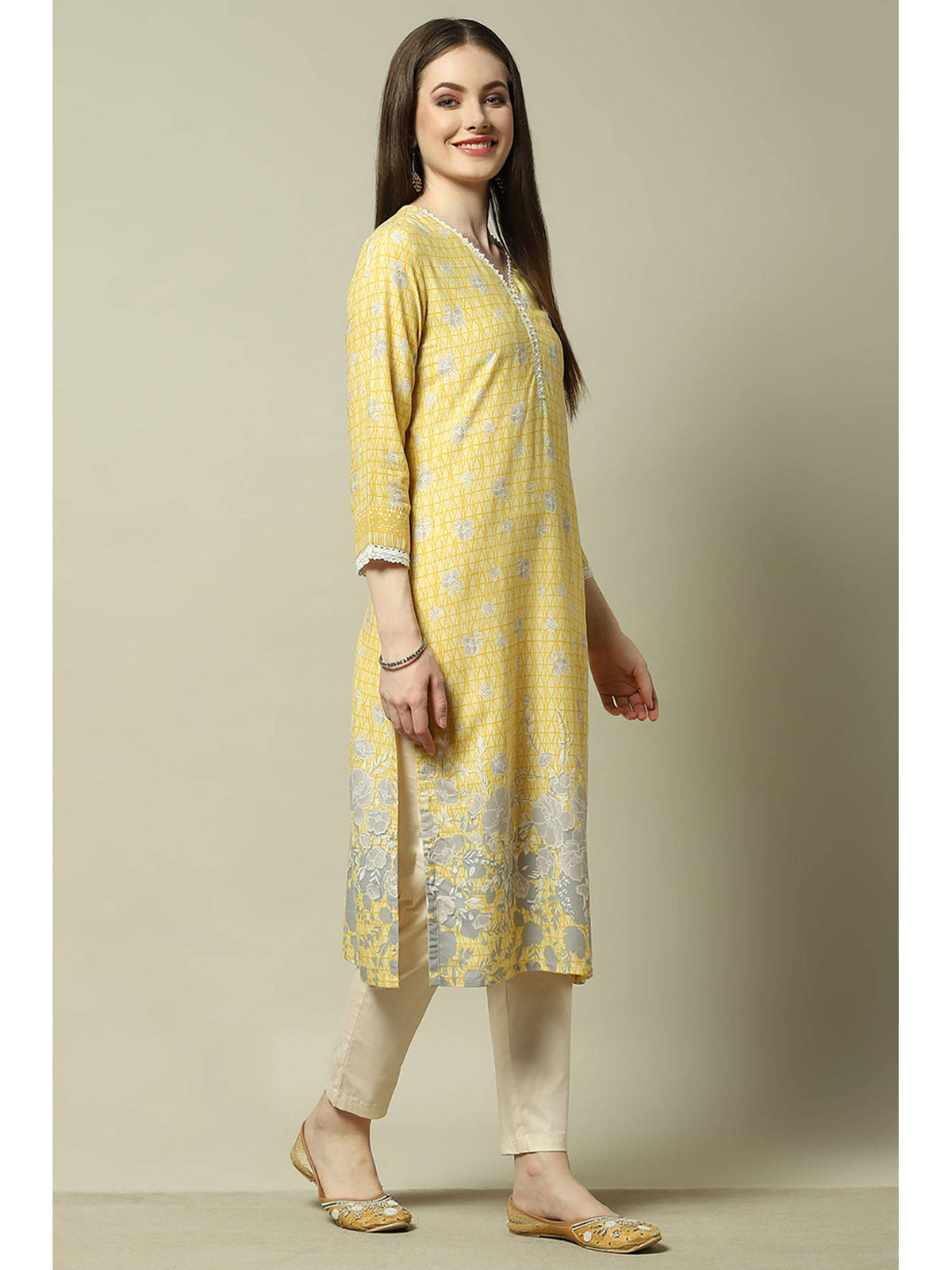 Yellow Rayon Floral Straight Kurta | U3S - view 3