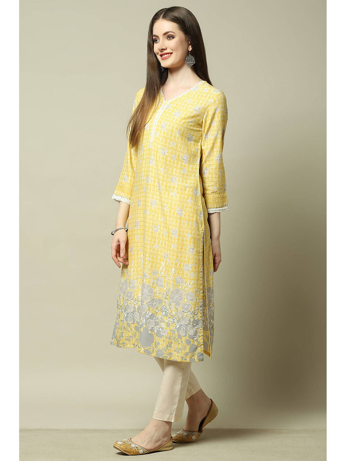 Yellow Rayon Floral Straight Kurta | KDG - view 4