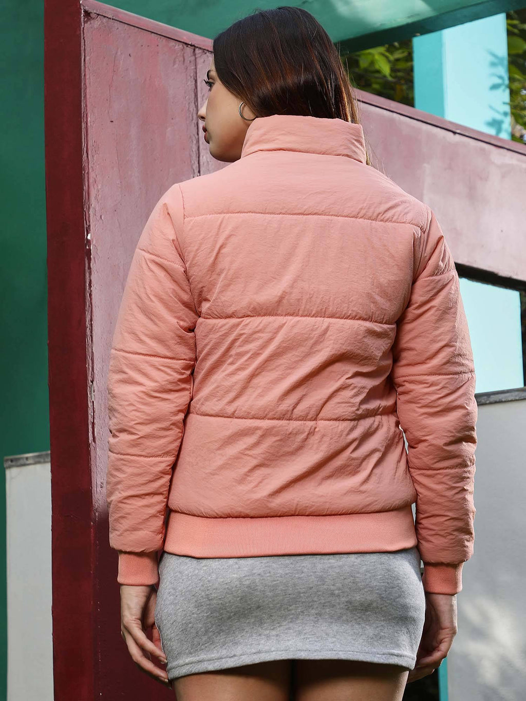 Women Salmon Pink Solid Puffer Jacket | JC78 - view 2