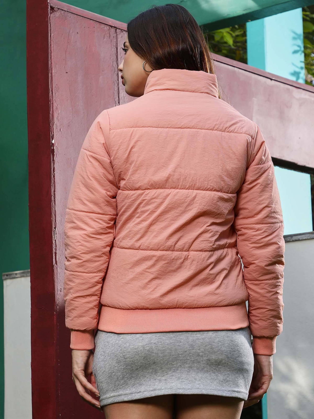 Women Salmon Pink Solid Puffer Jacket | JC78 - view 2