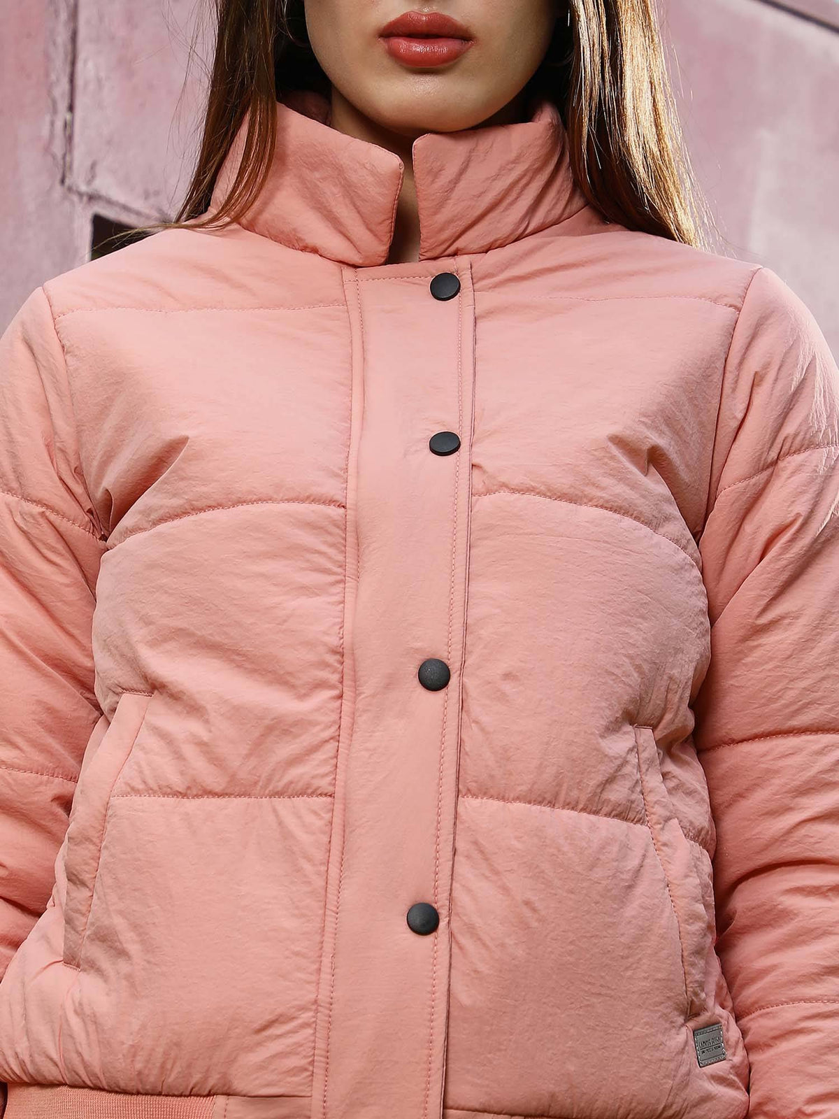 Women Salmon Pink Solid Puffer Jacket | JC78 - view 5