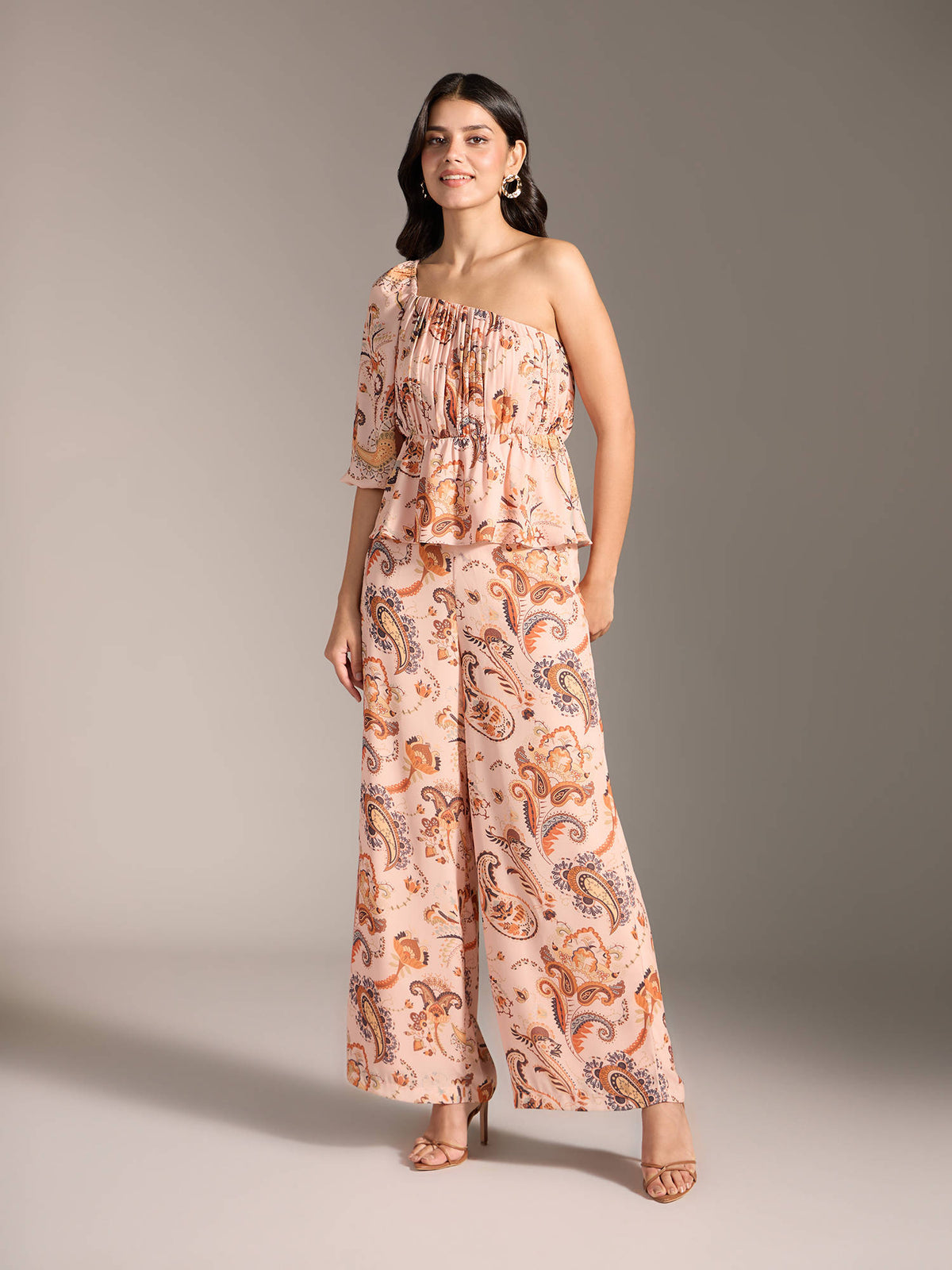 Multicolor Paisley Printed One Shoulder Gathered Peplum Top | pt51 - view 4