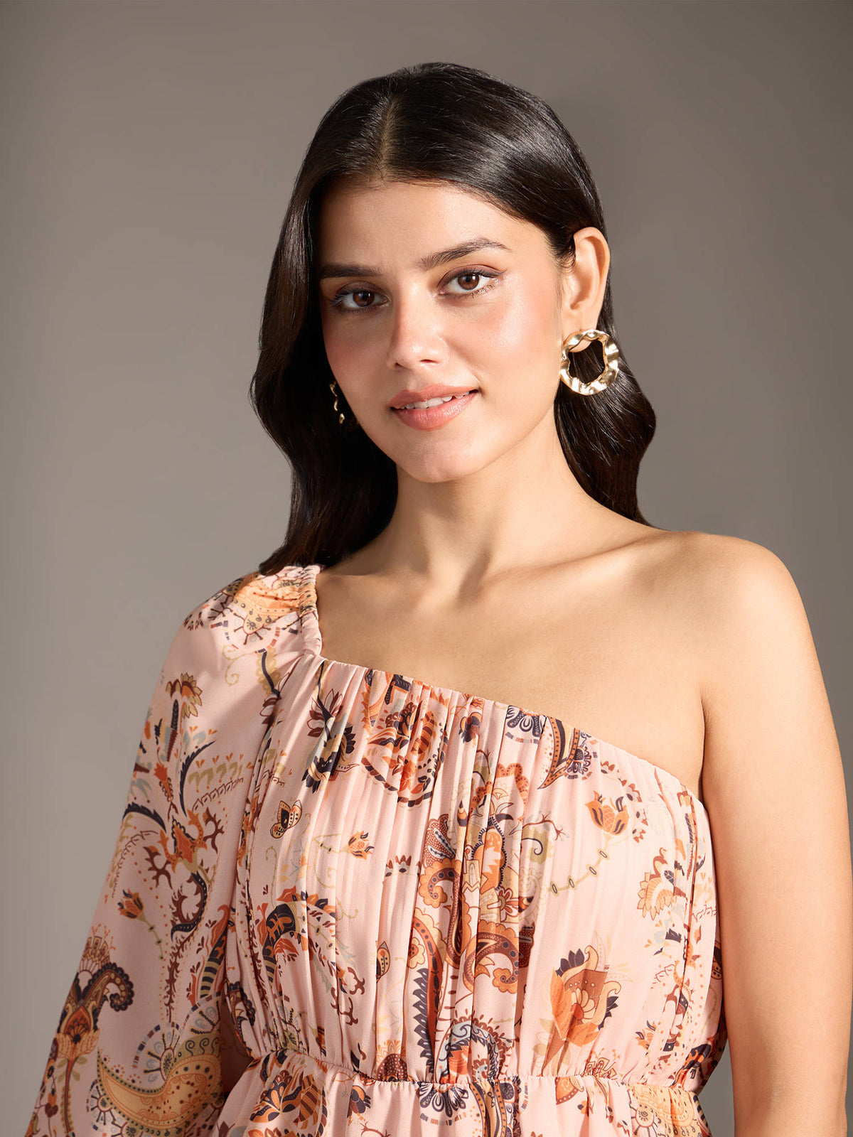 Multicolor Paisley Printed One Shoulder Gathered Peplum Top | pt51 - view 5