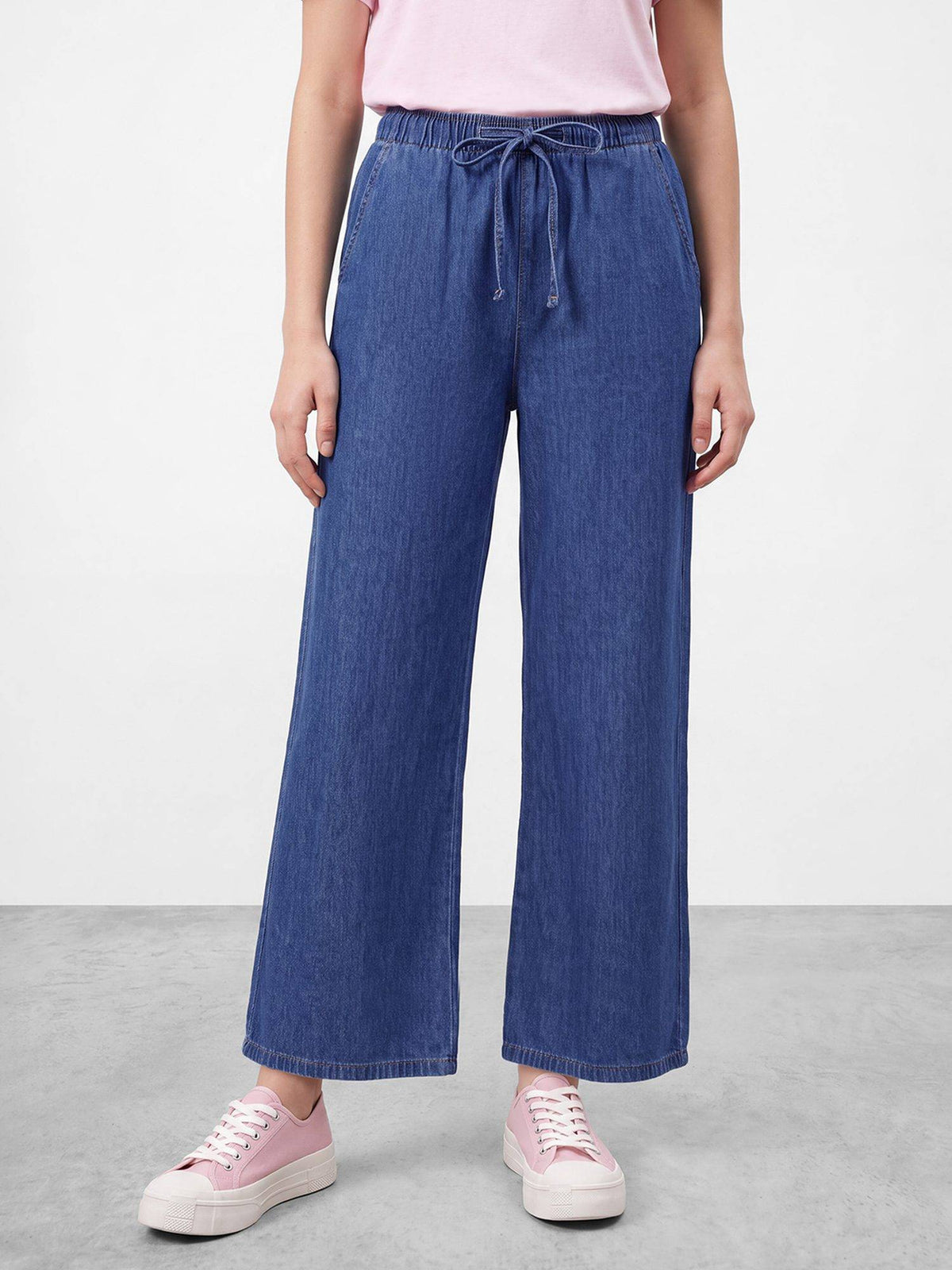Women Pure Cotton Mid Blue Wide Leg Drawstring Closure Jeans | WL90 - view 1