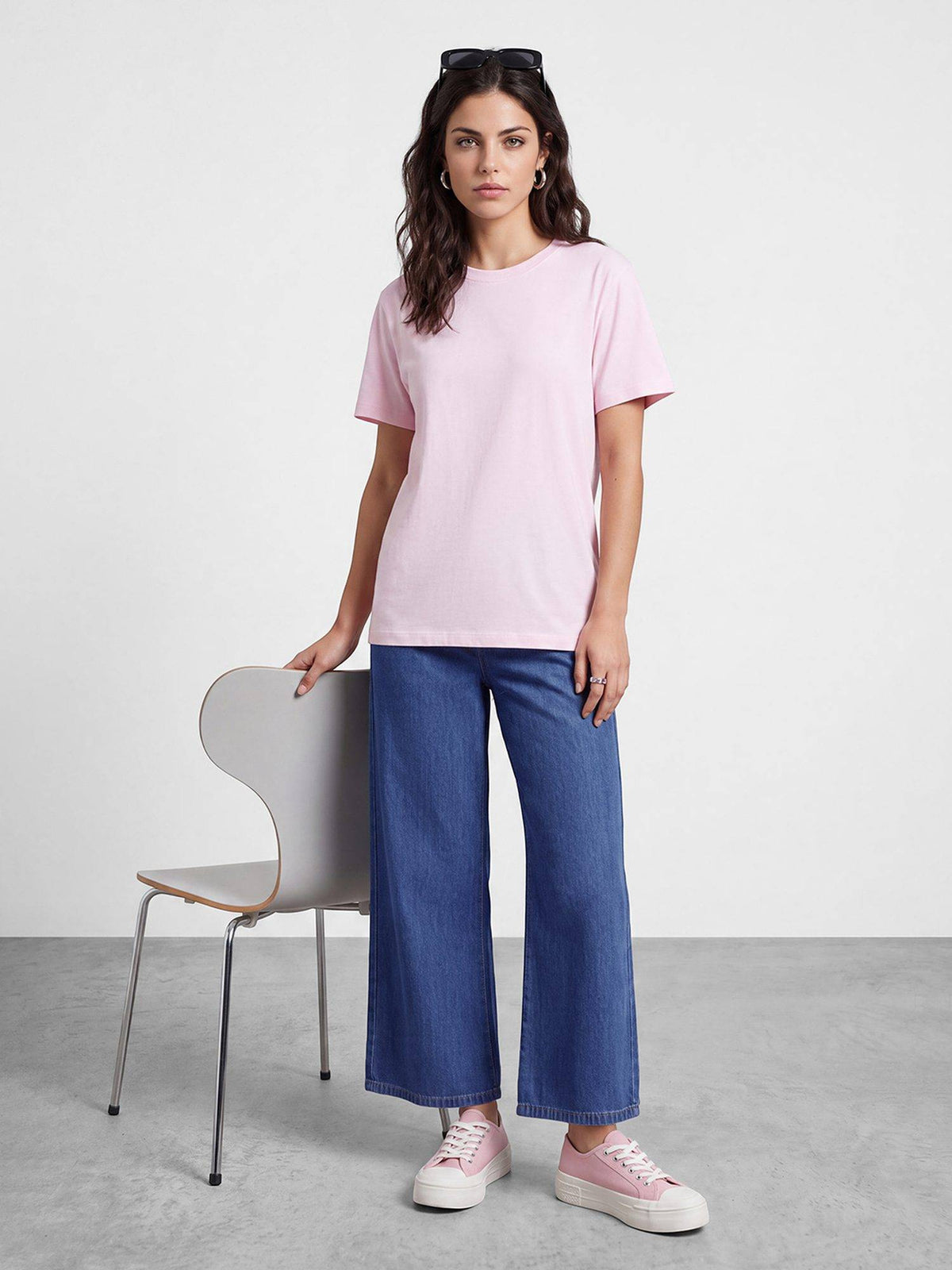 Women Pure Cotton Mid Blue Wide Leg Drawstring Closure Jeans | WL90 - view 2