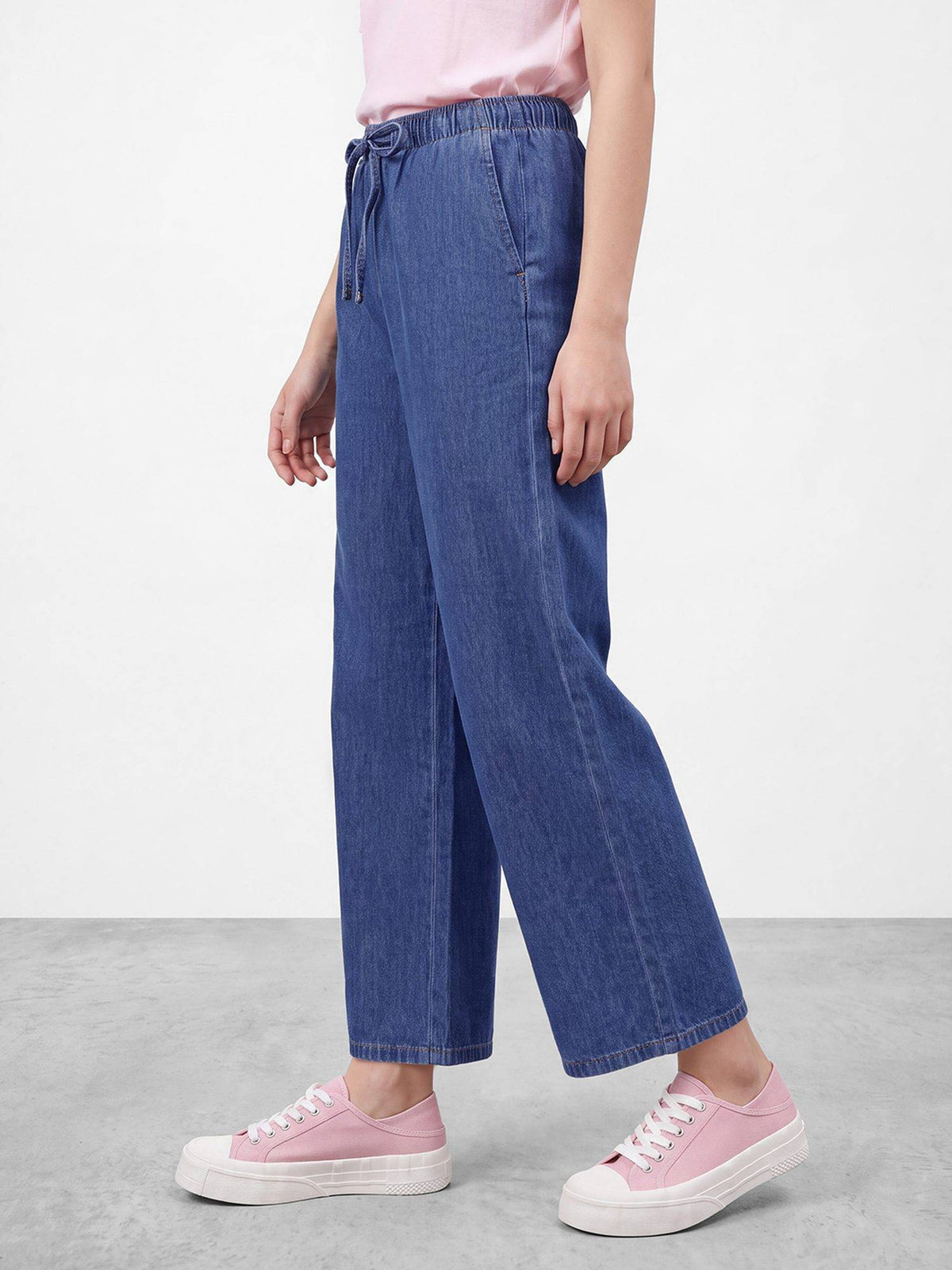 Women Pure Cotton Mid Blue Wide Leg Drawstring Closure Jeans | WL90 - view 3