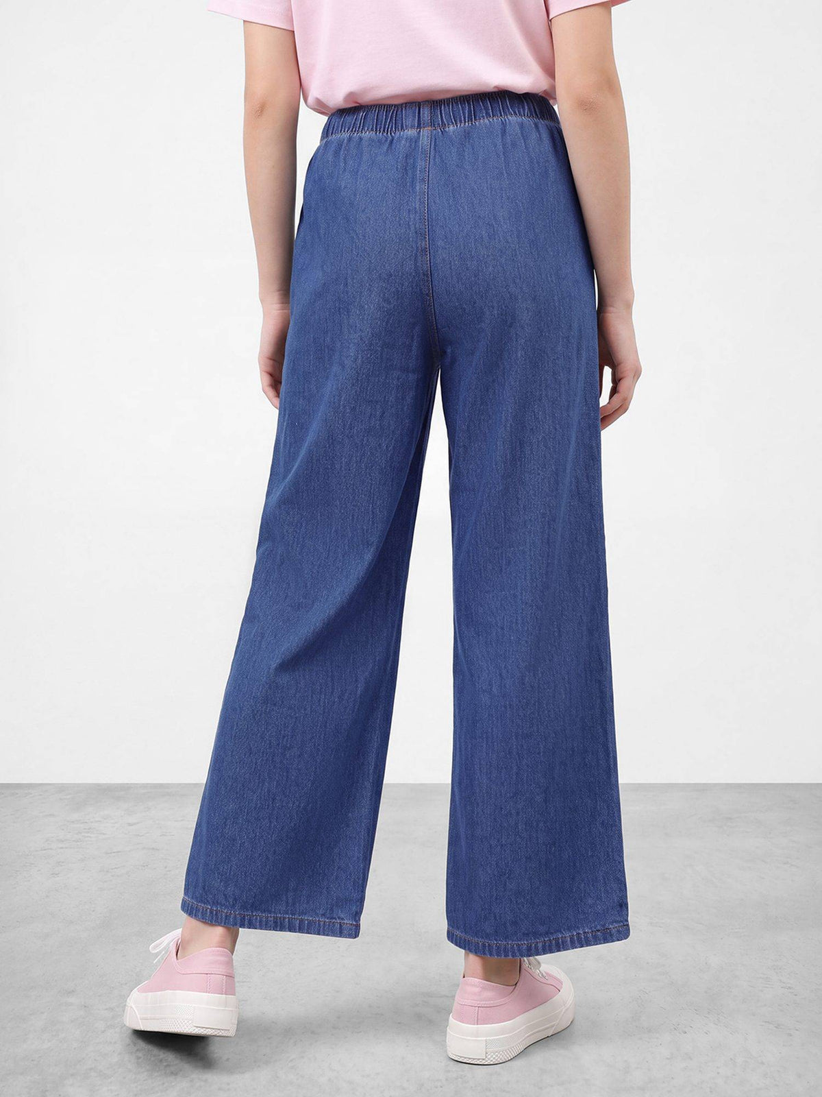 Women Pure Cotton Mid Blue Wide Leg Drawstring Closure Jeans | WL90 - view 4