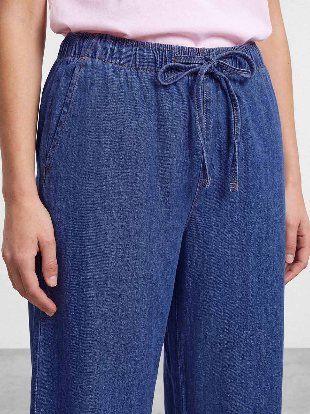 Women Pure Cotton Mid Blue Wide Leg Drawstring Closure Jeans | WL90 - view 5
