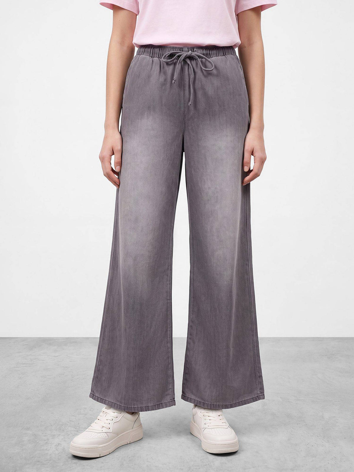 Women Pure Cotton Mid Blue Wide Leg Drawstring Closure Jeans | WL90 - view 6