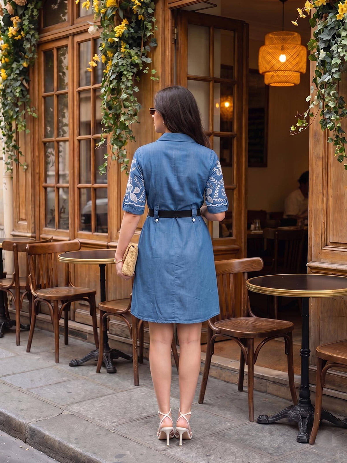 Denim Floral Embroidered Dress with Belt | D56 - view 2