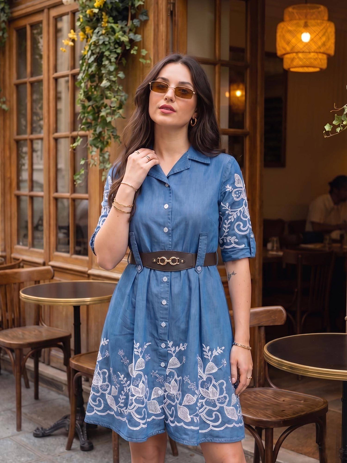 Denim Floral Embroidered Dress with Belt | D56 - view 1