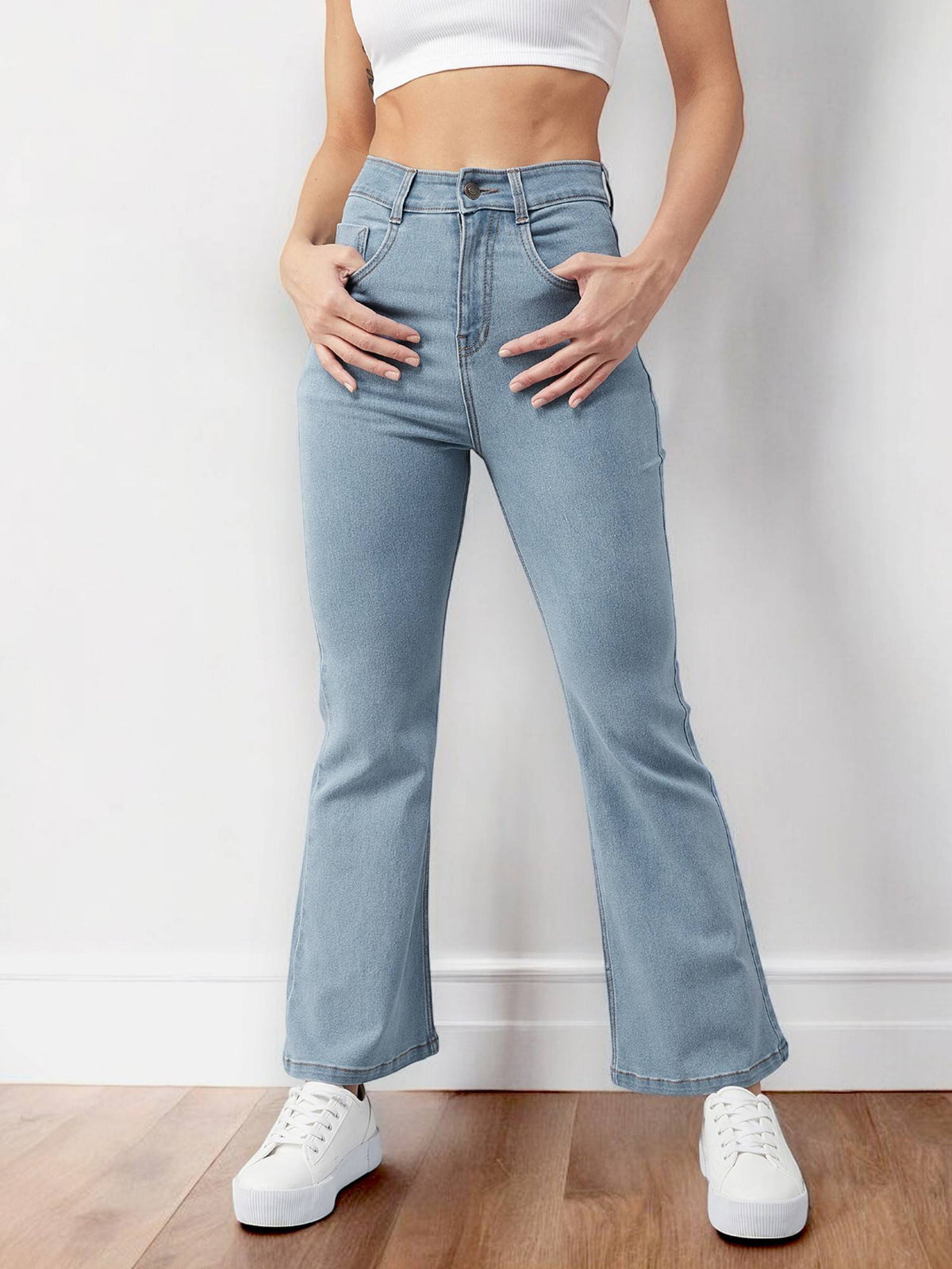 Womens Light Blue Bootcut High Rise Clean Look Regular Stretchable Denim Jeans | BT10 - view 1