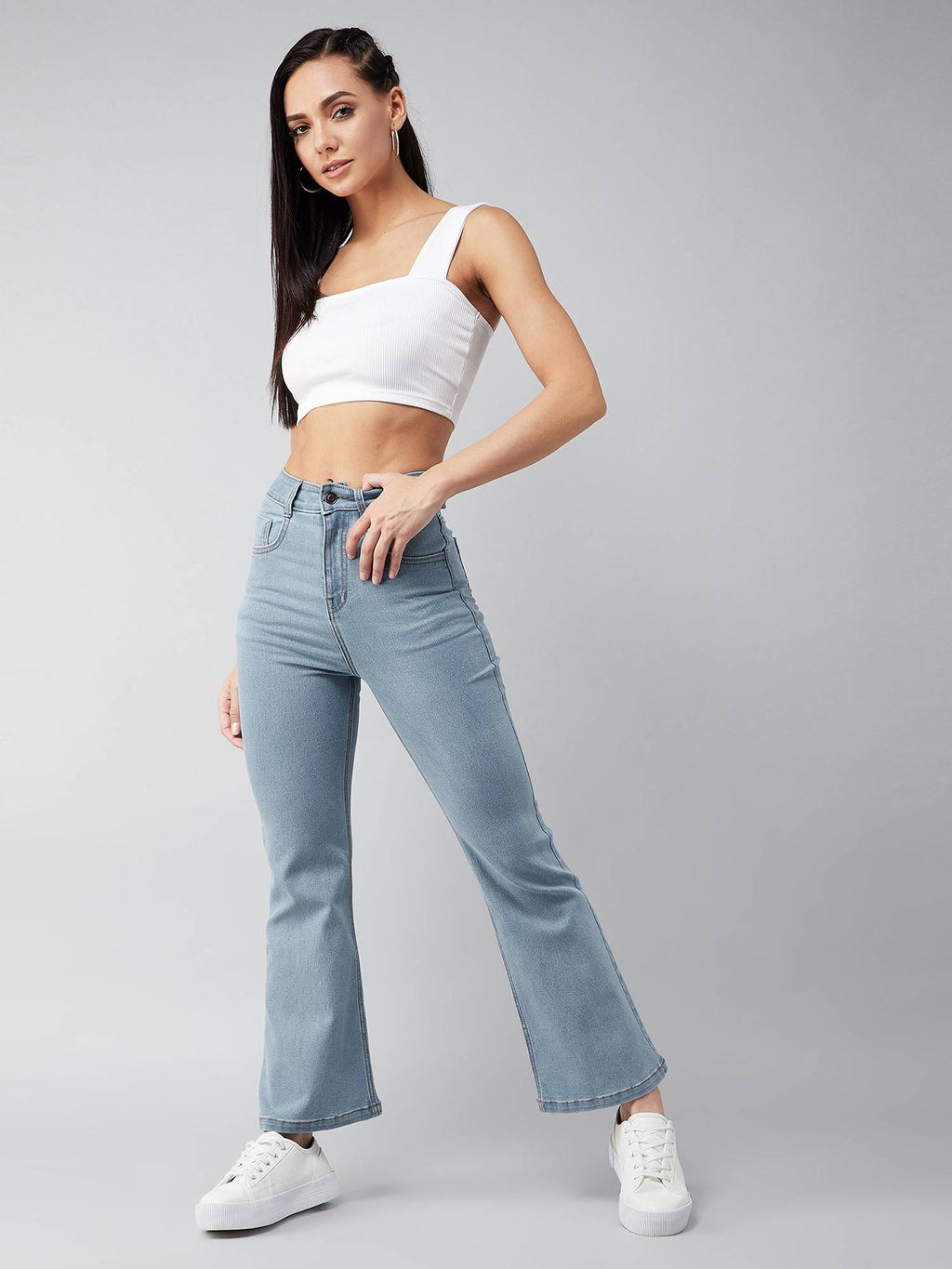 Womens Light Blue Bootcut High Rise Clean Look Regular Stretchable Denim Jeans | BT10 - view 2