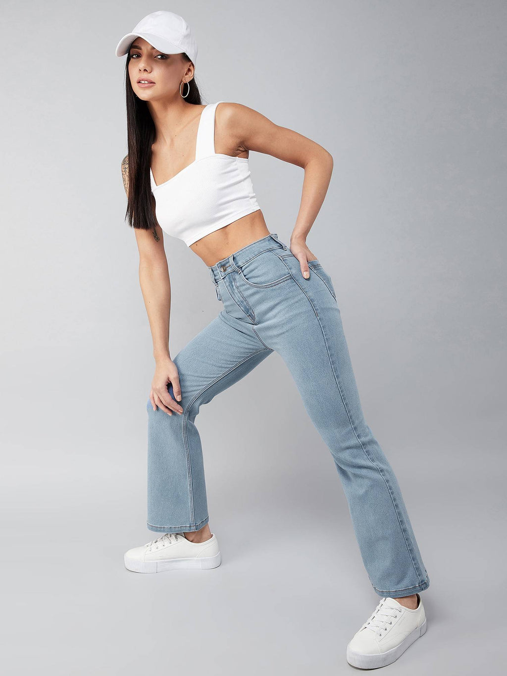 Womens Light Blue Bootcut High Rise Clean Look Regular Stretchable Denim Jeans | BT10 - view 6