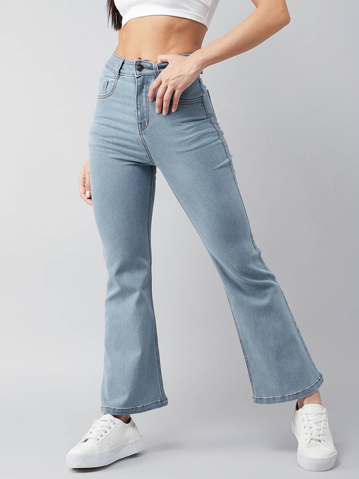 Womens Light Blue Bootcut High Rise Clean Look Regular Stretchable Denim Jeans | BT10 - view 7