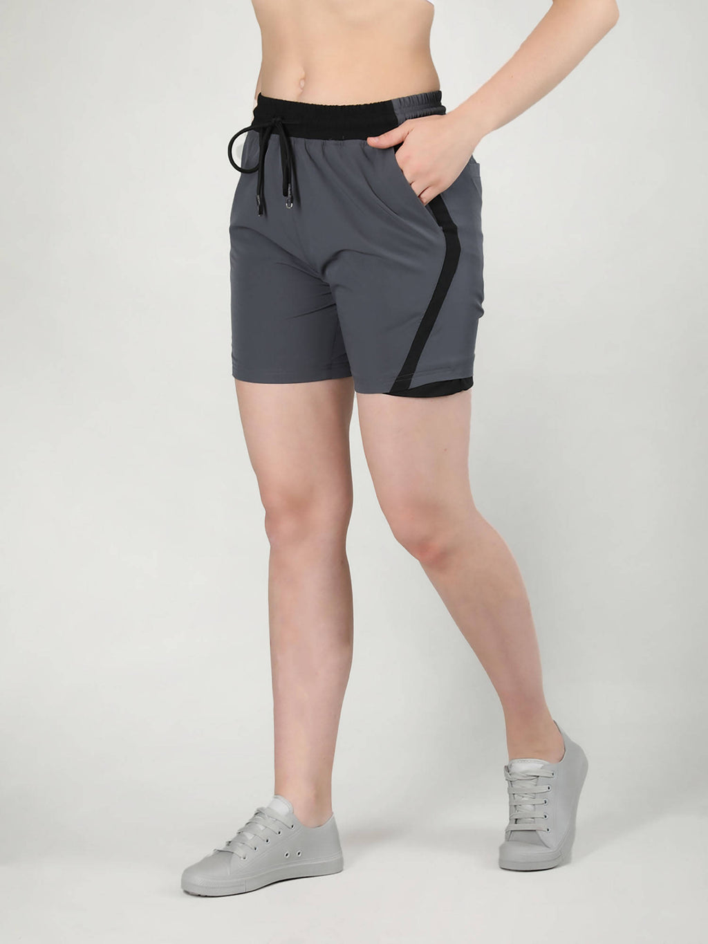 Solid Grey Activewear Shorts for Women - view 3