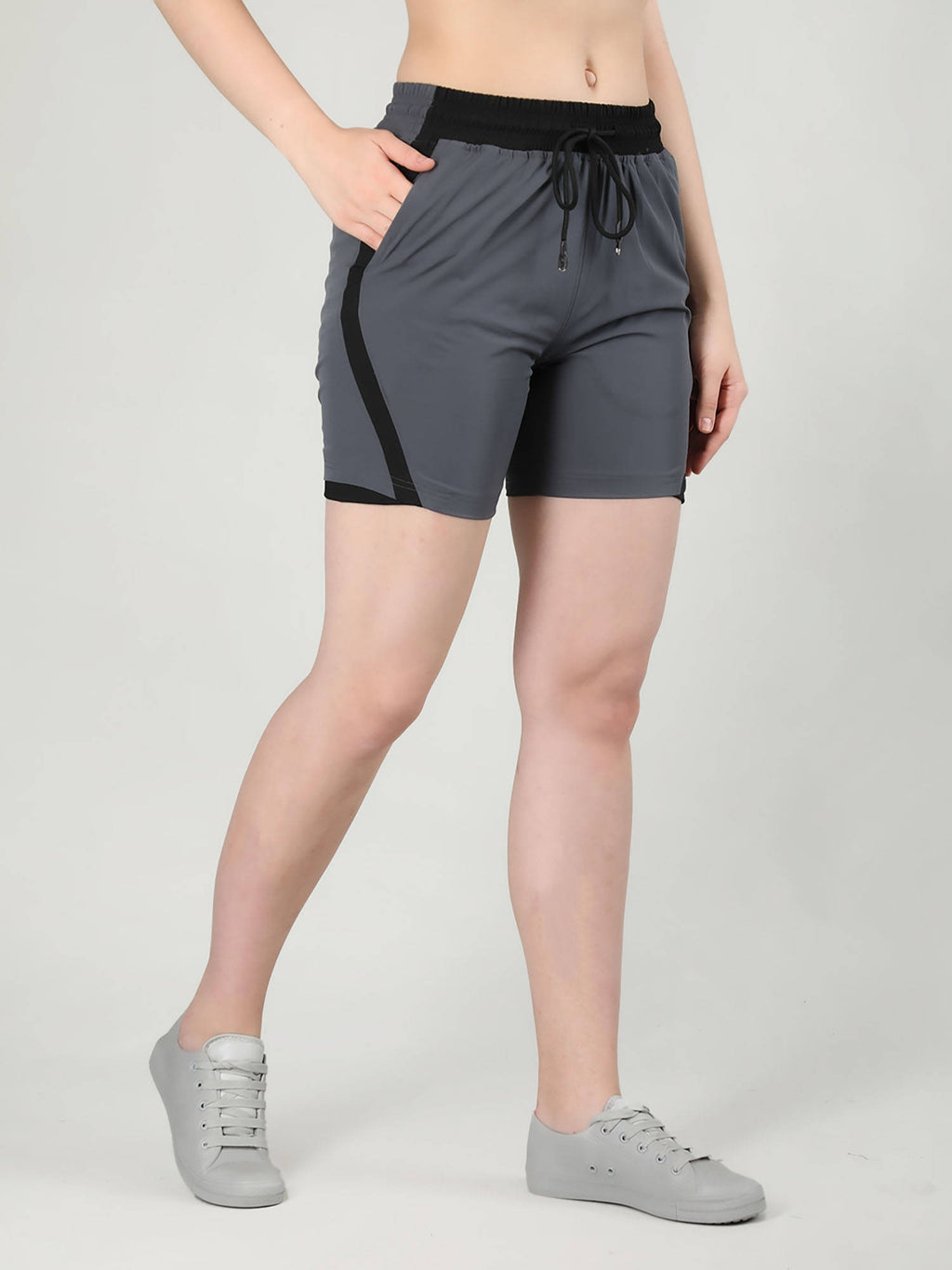 Solid Grey Activewear Shorts for Women - view 4