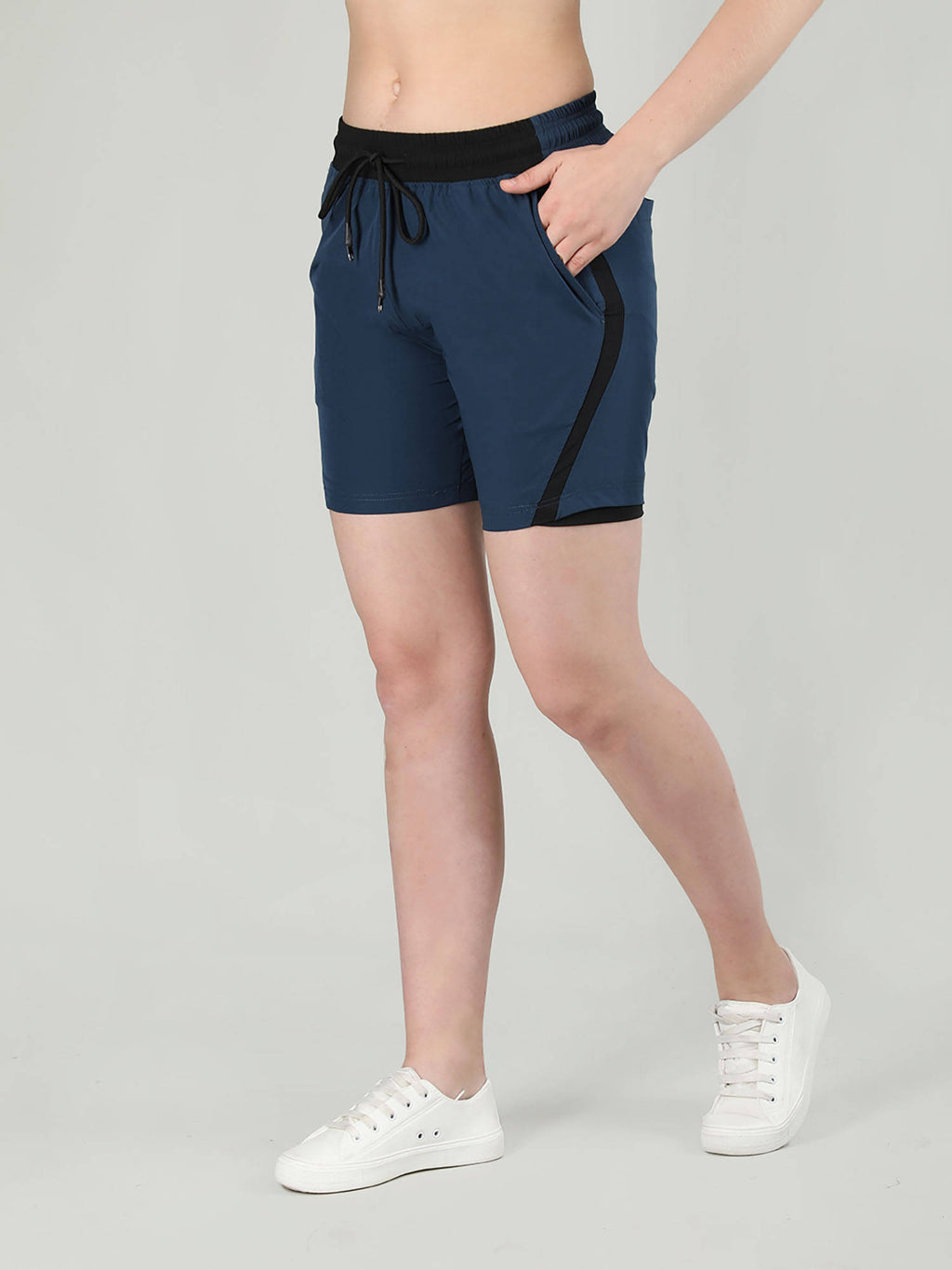 Solid Blue Activewear Shorts for Women - view 3