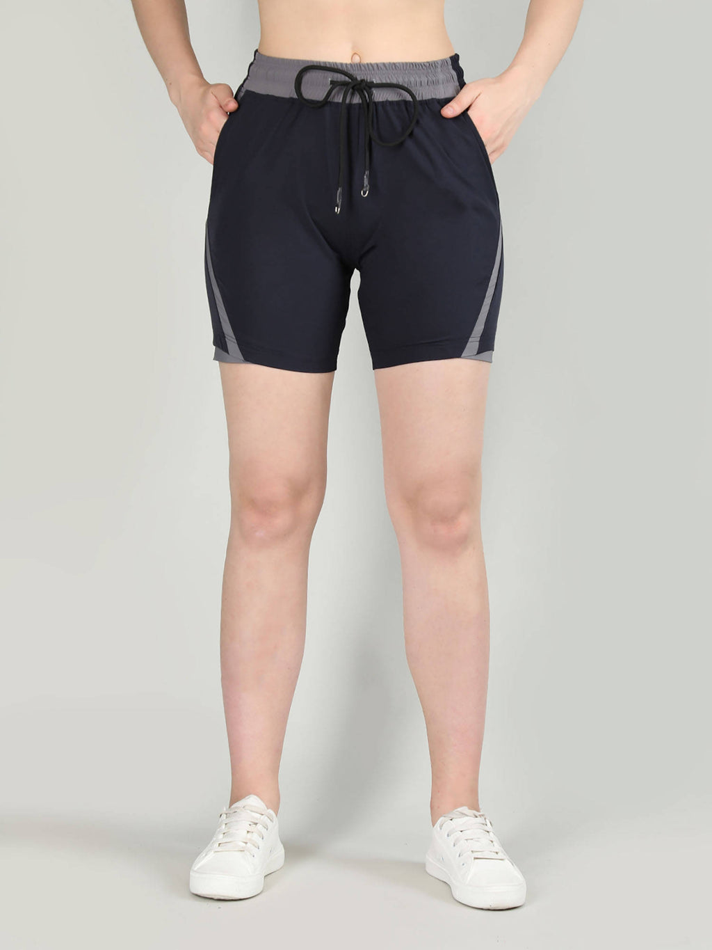 Solid Navy Blue Activewear Shorts for Women - view 1