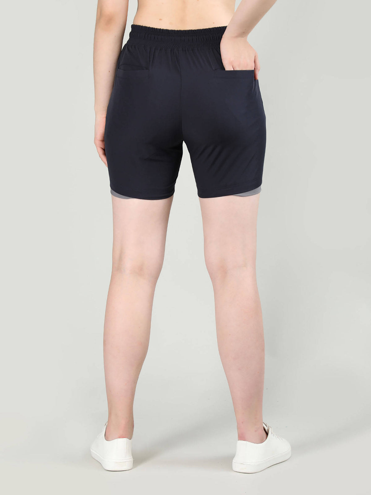 Solid Navy Blue Activewear Shorts for Women - view 2