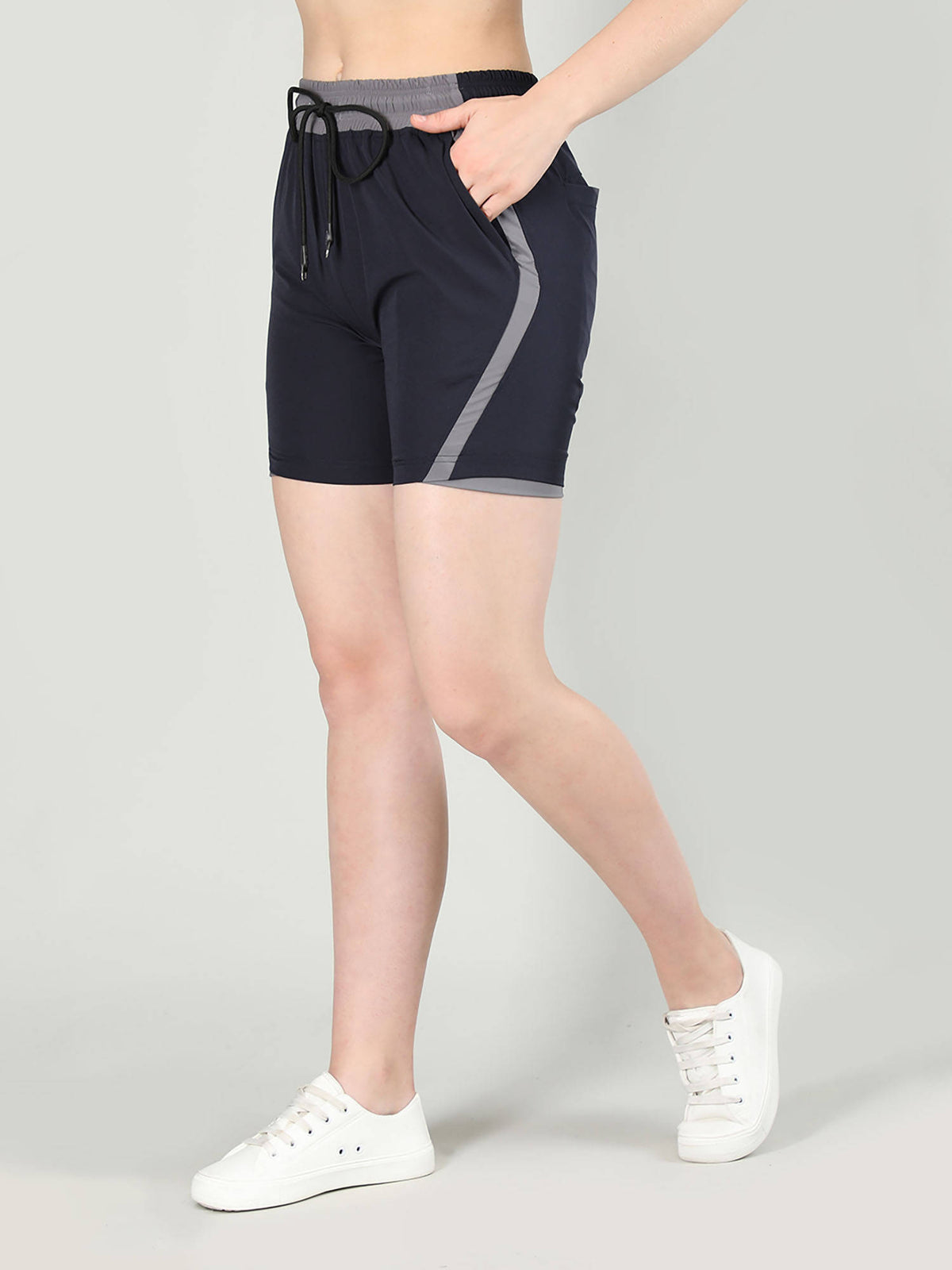 Solid Navy Blue Activewear Shorts for Women - view 3