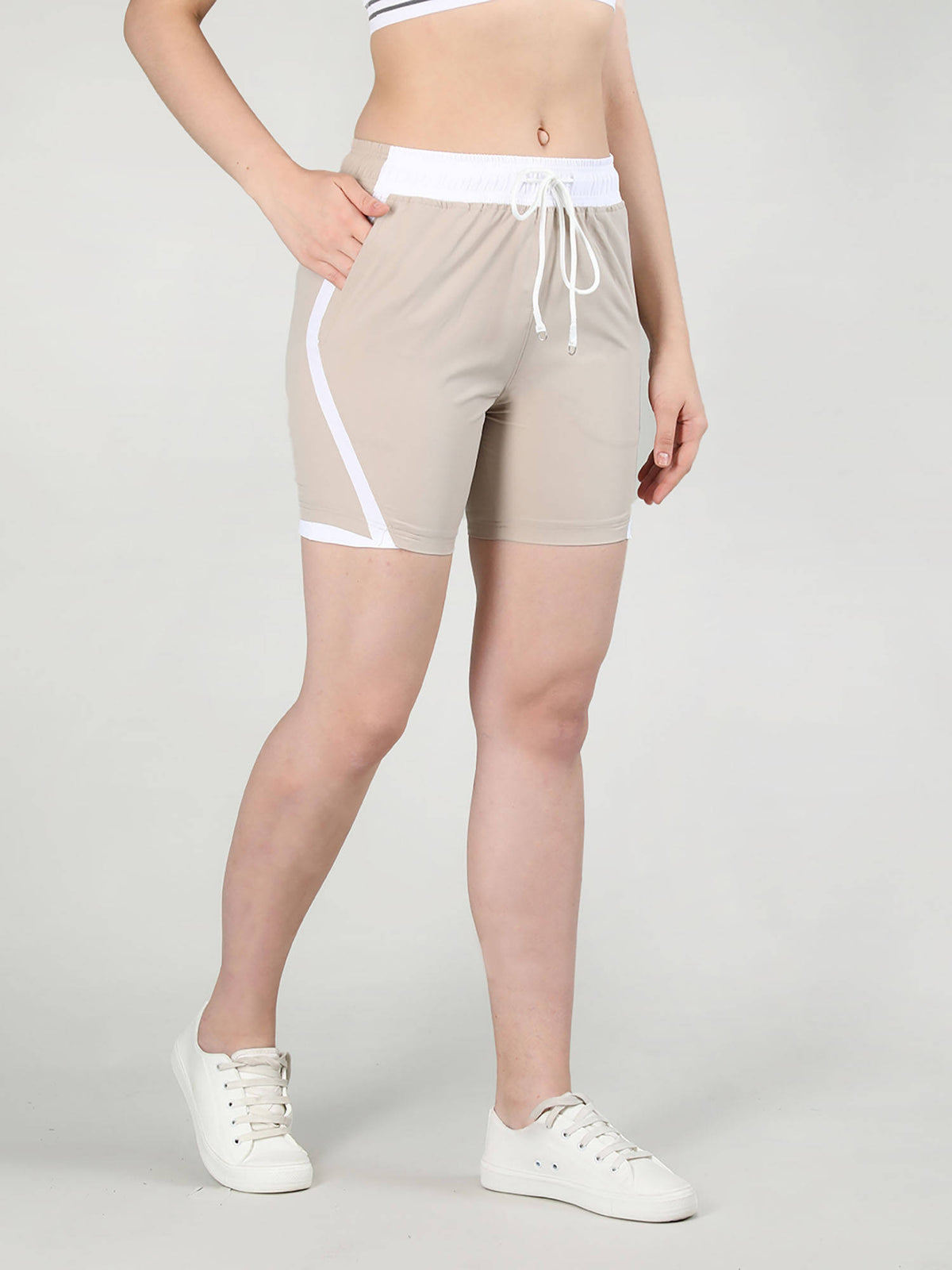 Solid Beige Activewear Shorts for Women - view 4