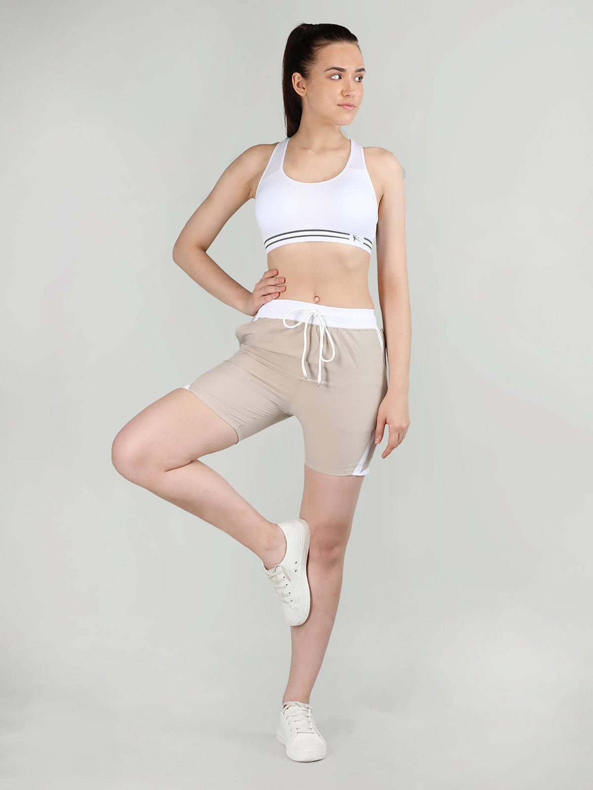 Solid Beige Activewear Shorts for Women - view 5