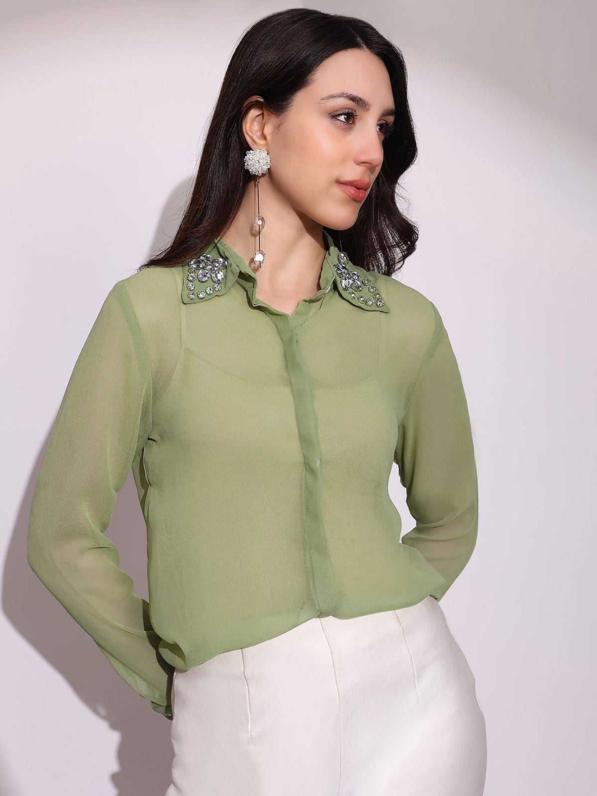 Women Pink Embellished Collar Georgette Sheer Shirt | S67 - view 20