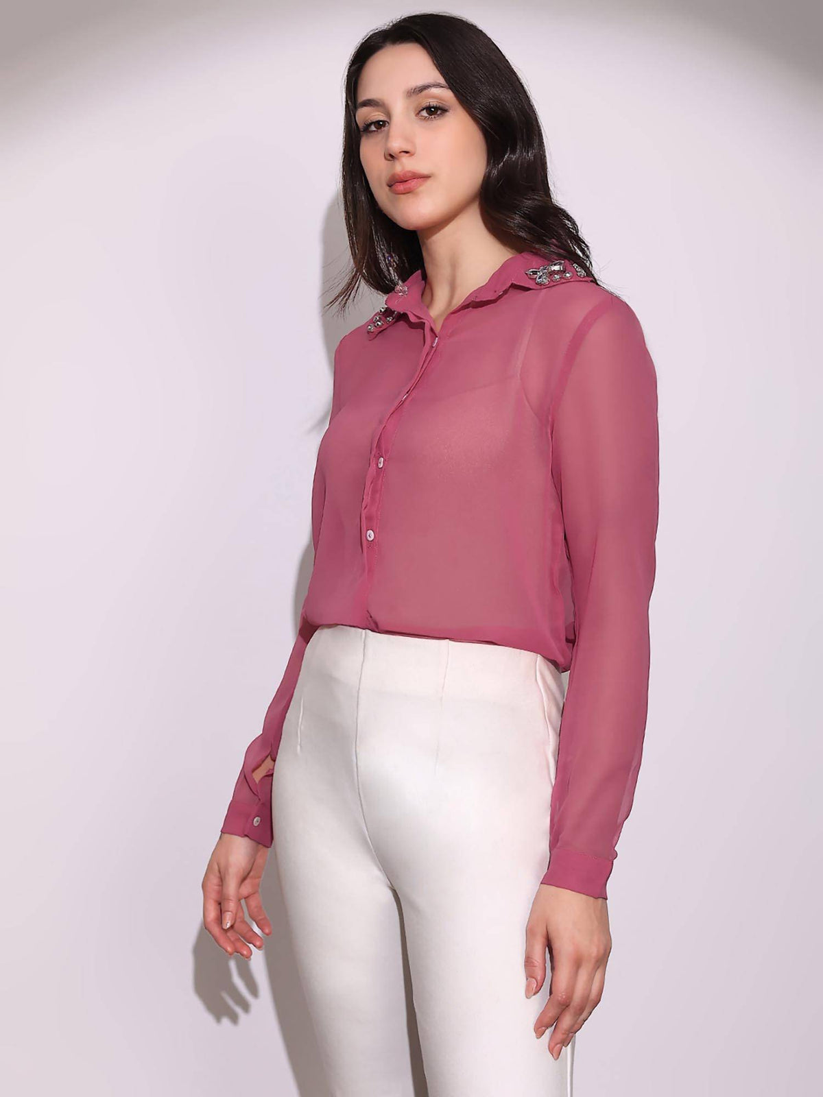 Women Pink Embellished Collar Georgette Sheer Shirt | S67 - view 2