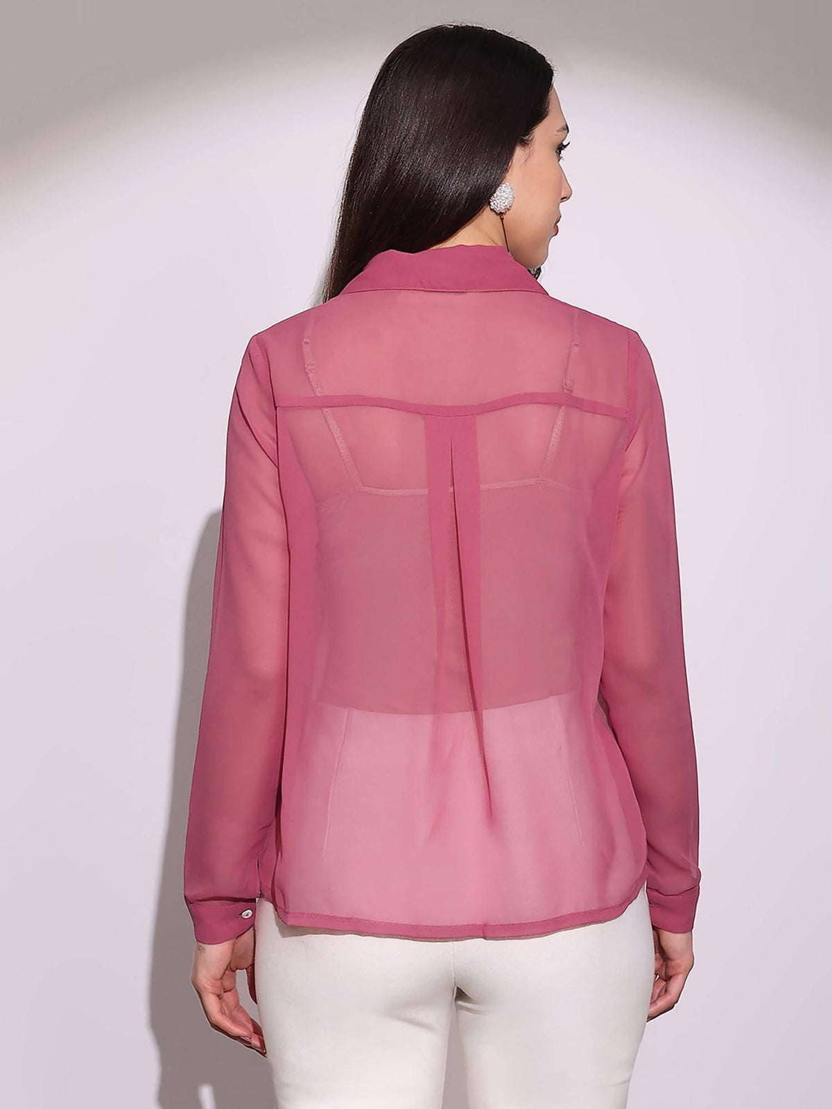 Women Pink Embellished Collar Georgette Sheer Shirt | S67 - view 3