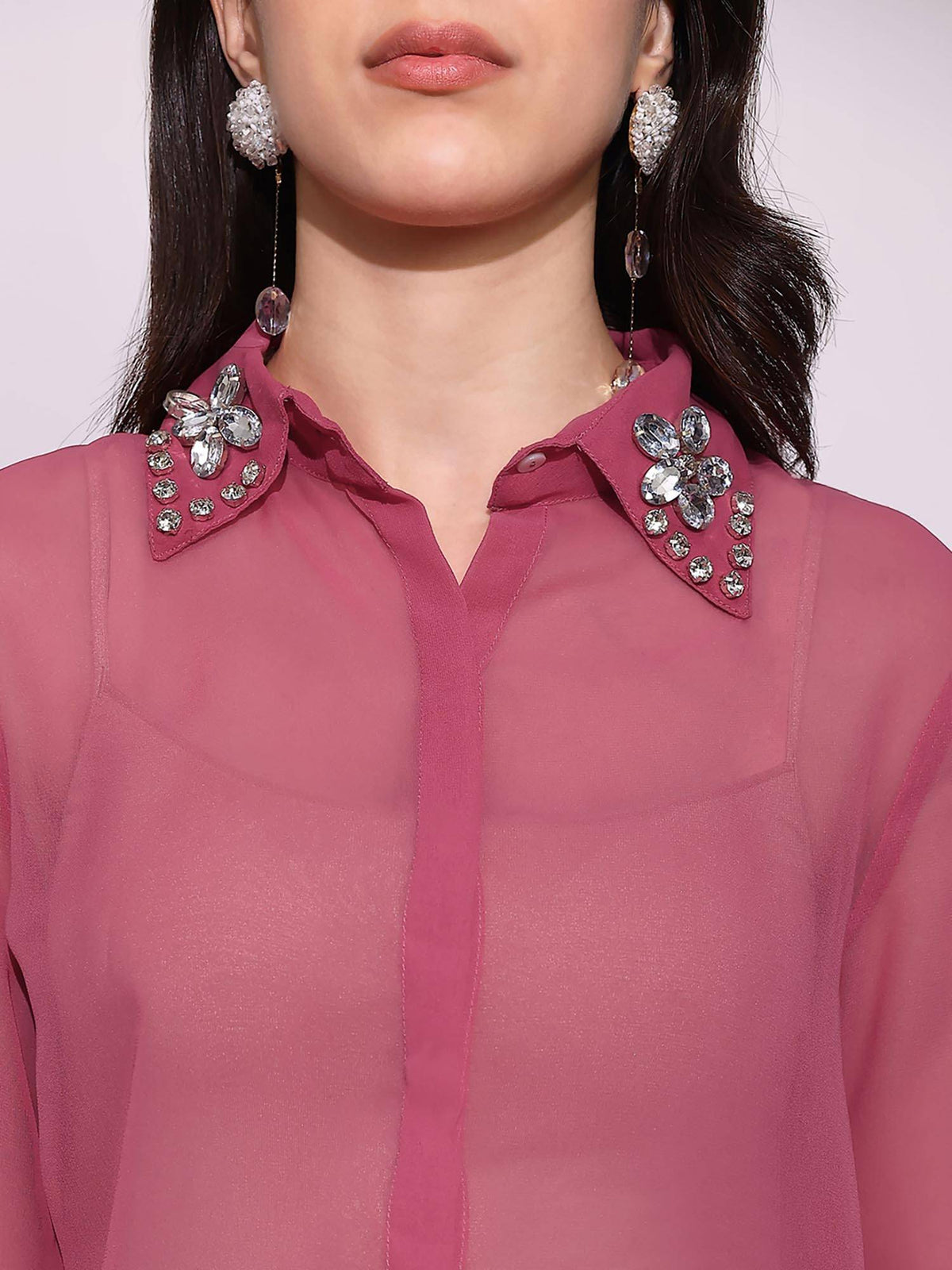 Women Pink Embellished Collar Georgette Sheer Shirt | S67 - view 4