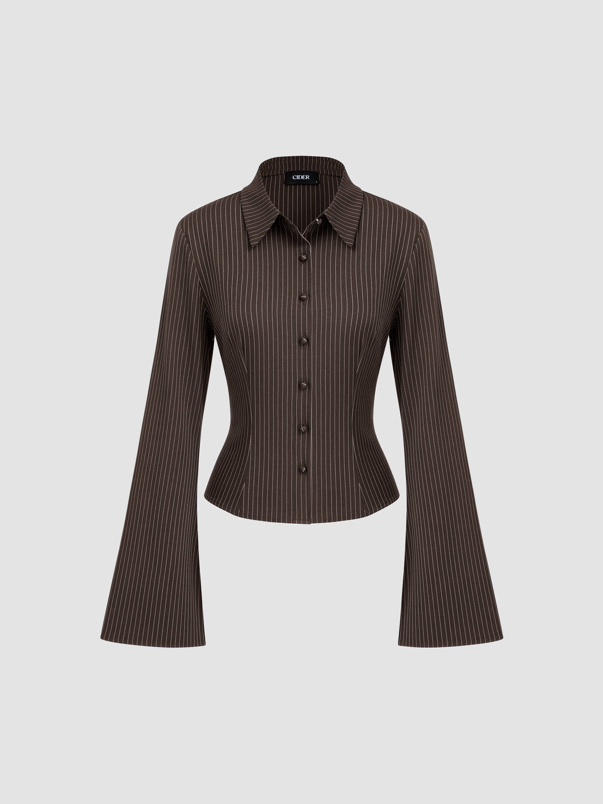 Collar Striped Cinched Waist Bell Sleeve Shirt | S67 - view 8