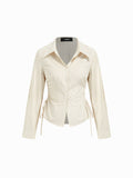 Cotton-blend Striped Collar Long Sleeve Drawstring Side Shirt | S67 - view 11