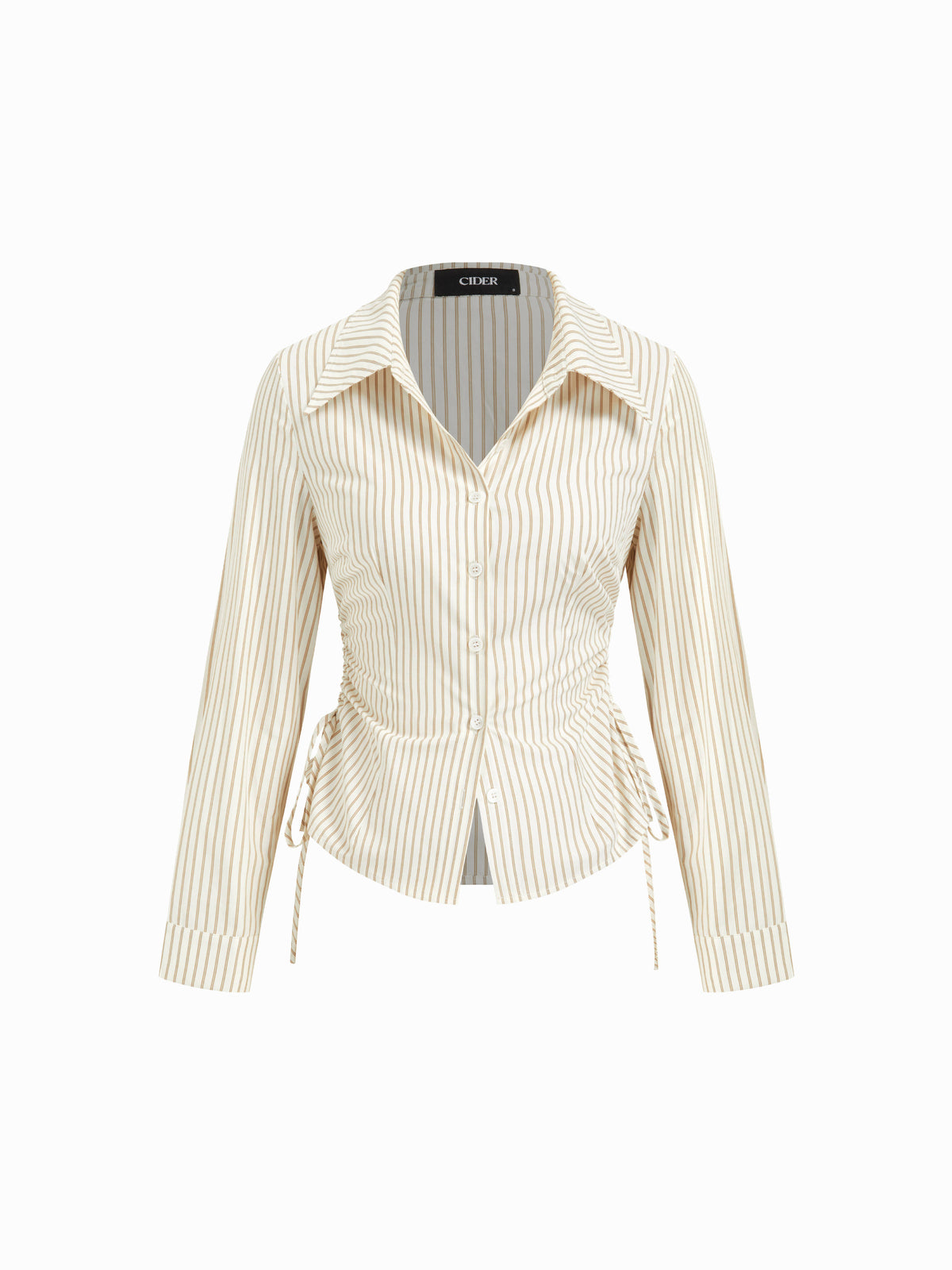 Cotton-blend Striped Collar Long Sleeve Drawstring Side Shirt | S67 - view 11