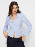 Cotton-blend Striped Collar Long Sleeve Drawstring Side Shirt | S67 - view 1