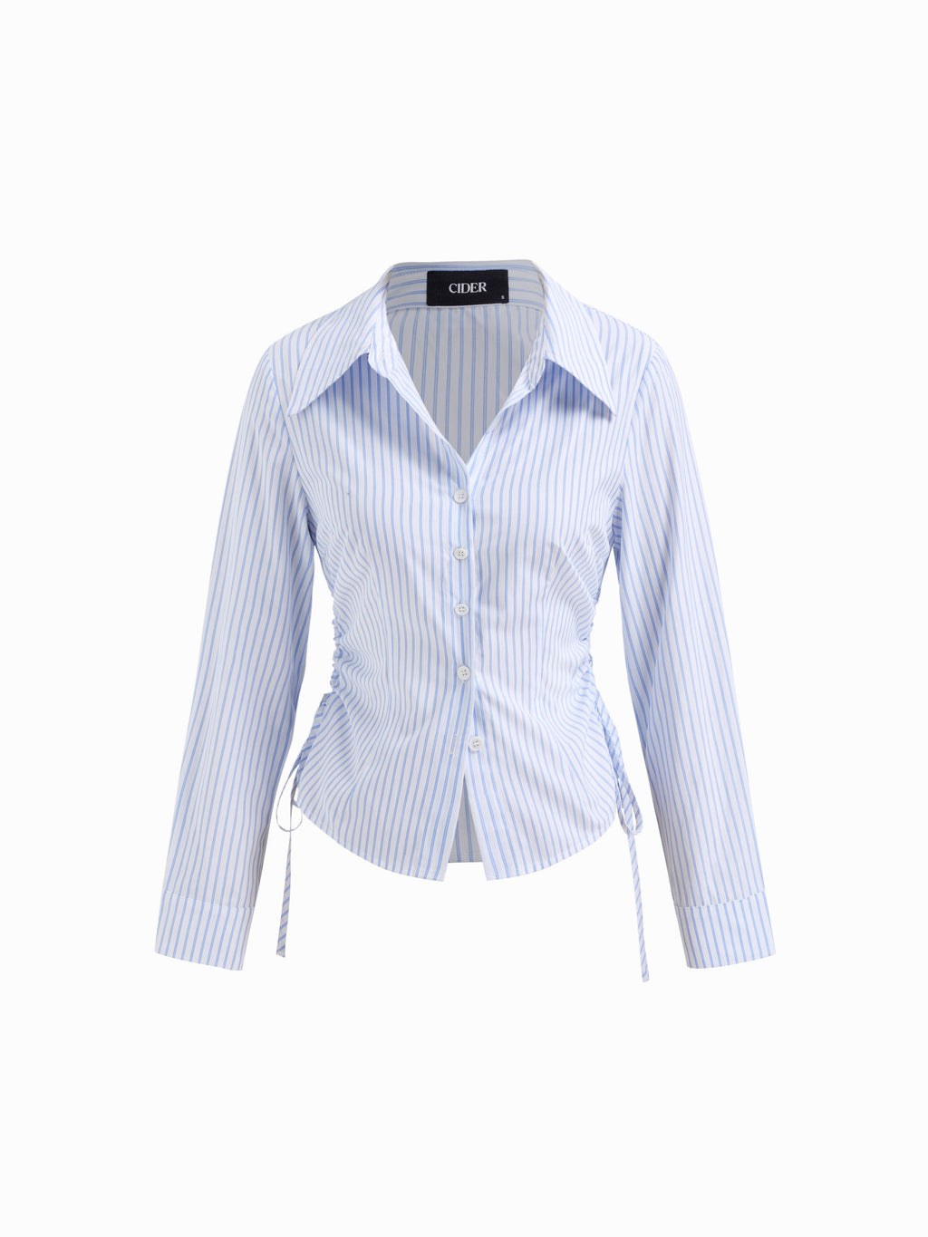 Cotton-blend Striped Collar Long Sleeve Drawstring Side Shirt | S67 - view 2