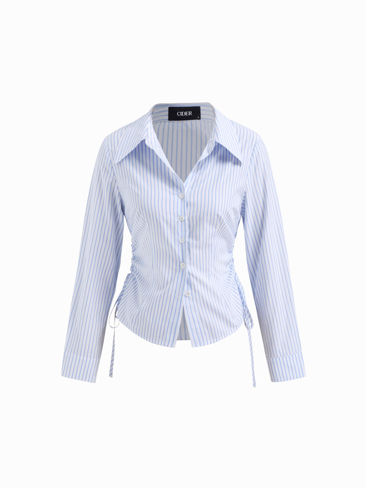 Cotton-blend Striped Collar Long Sleeve Drawstring Side Shirt | S67 - view 2