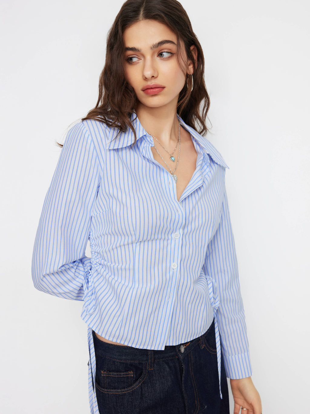 Cotton-blend Striped Collar Long Sleeve Drawstring Side Shirt | S67 - view 8