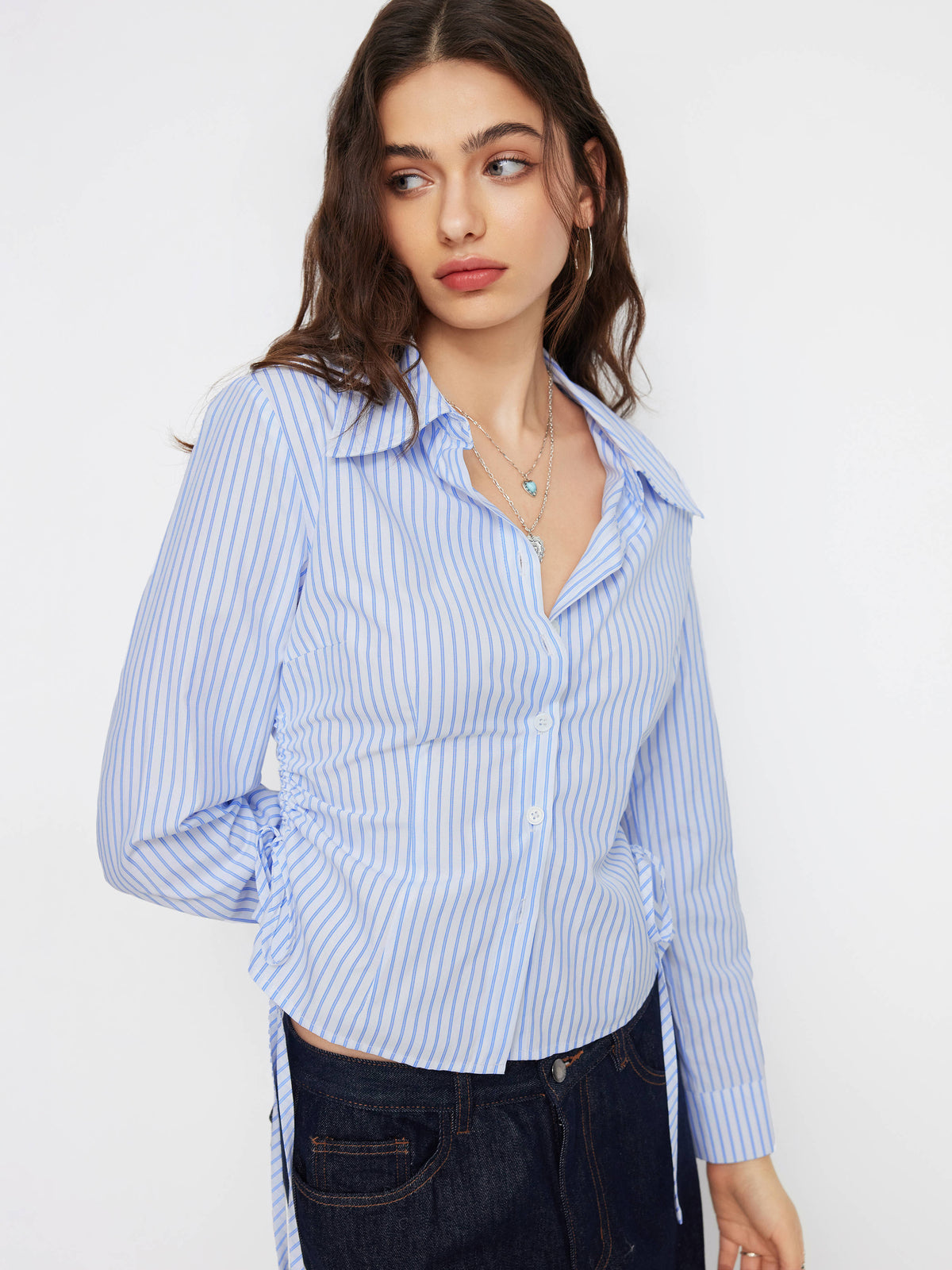 Cotton-blend Striped Collar Long Sleeve Drawstring Side Shirt | S67 - view 8