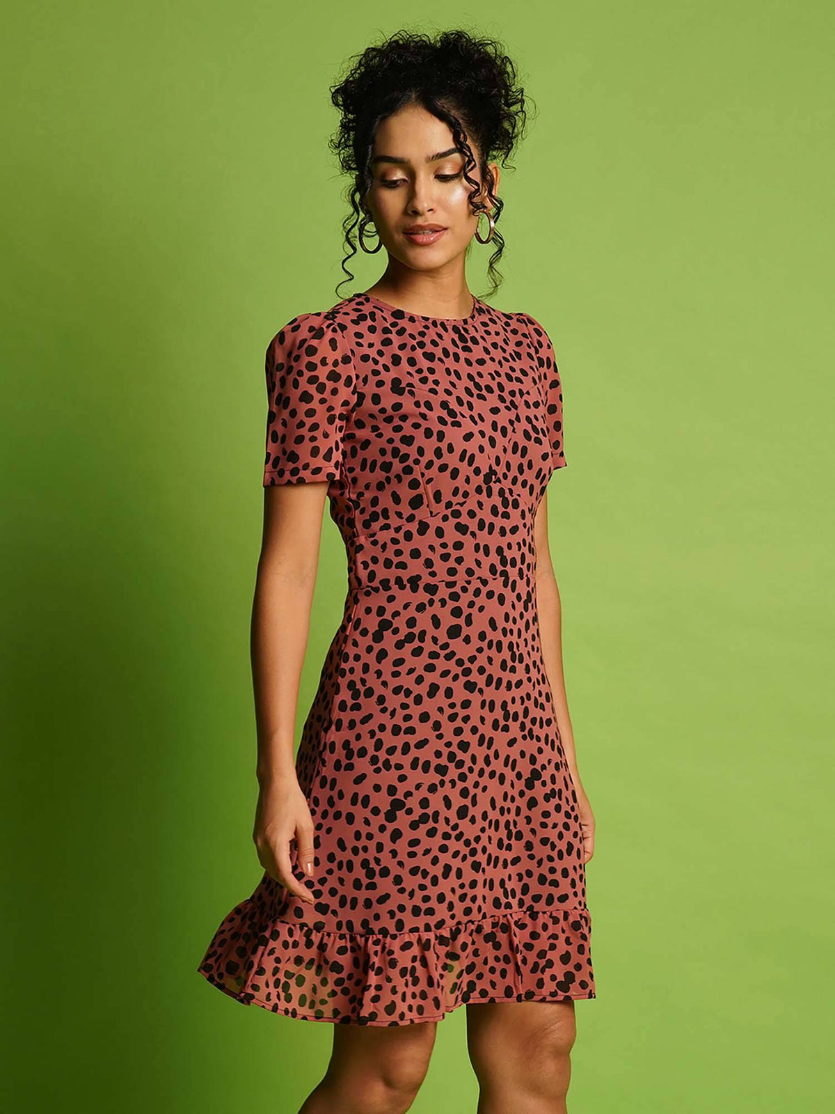 Women Black Polka Dots Round Neck Short Puffed Sleeves Fit & Flare Mini Party Dress | D56 - view 11