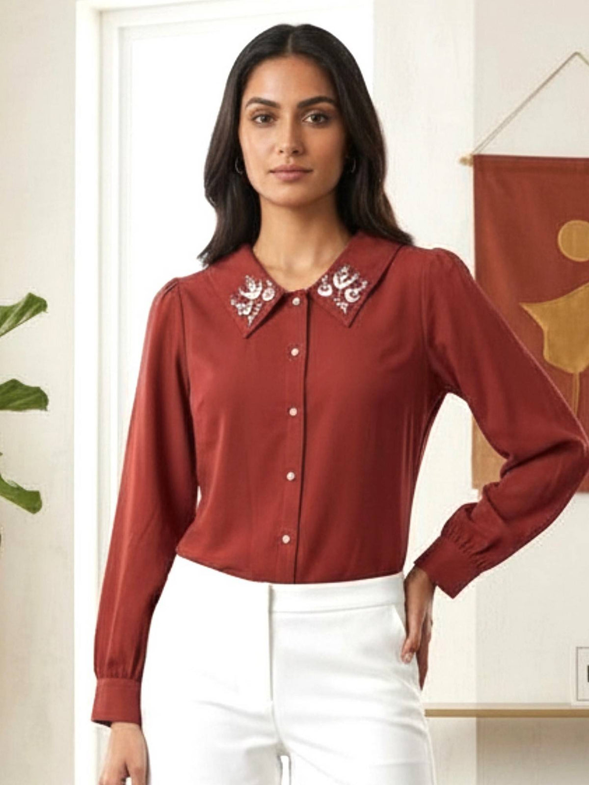 Women Purple Collared Contrast Embroidery Shirt | S67 - view 26